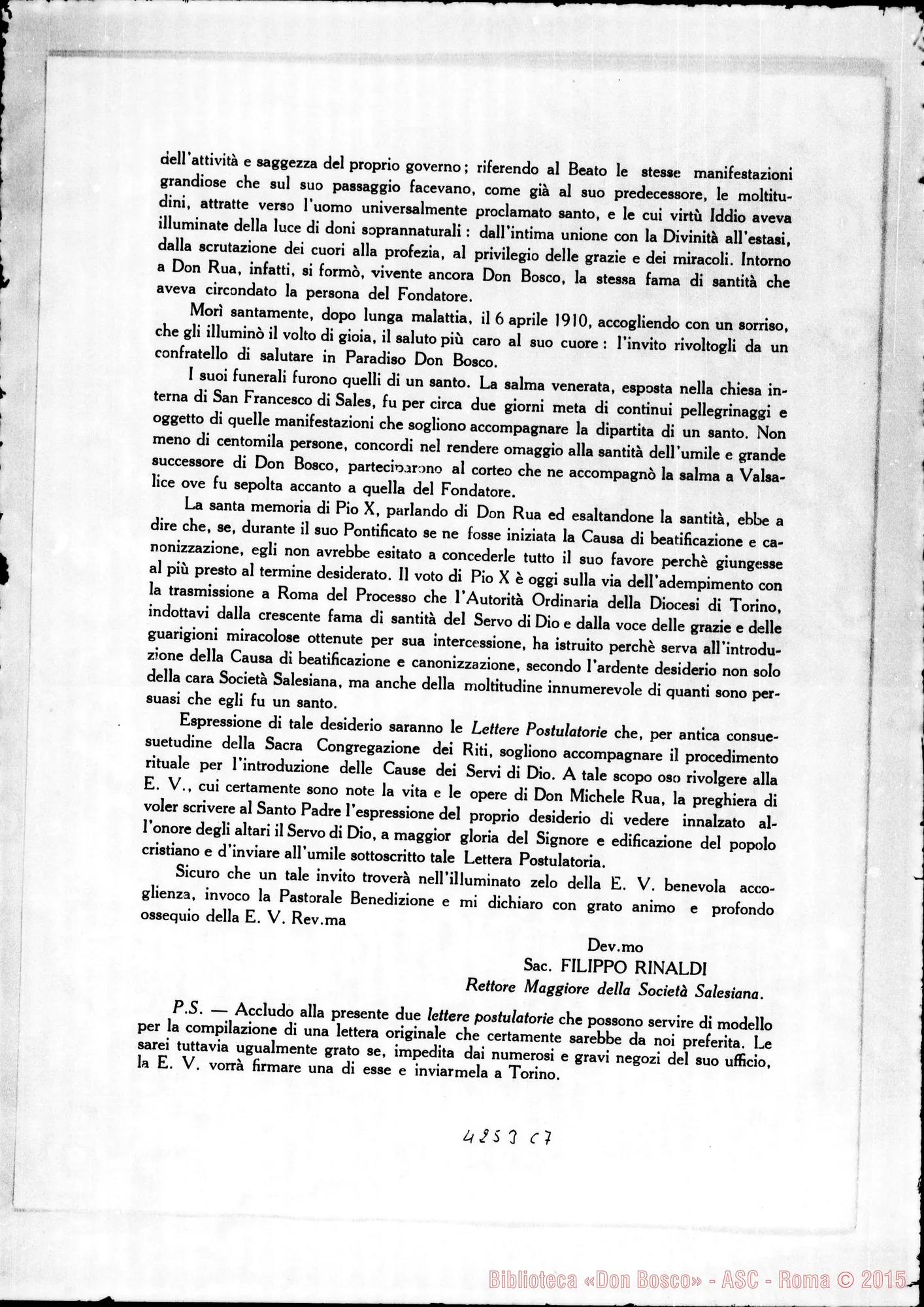 Fotogramma C 7 — Don Filippo Rinaldi-Eccellenza Rev.ma. Torino, 2-02-1930. Stampato