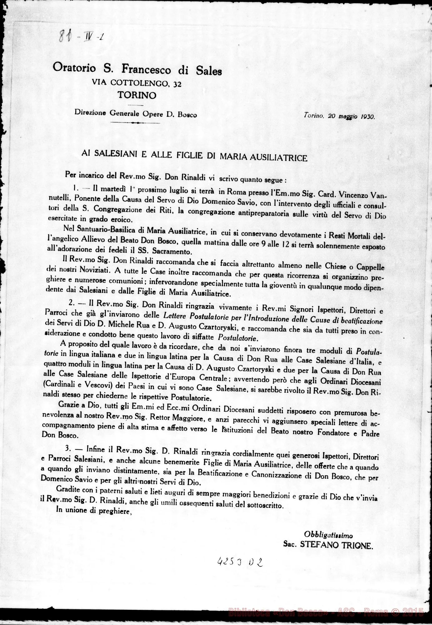 Fotogramma D 2 — Don Trione-Salesiani E F.M.A.. Torino, 20-05-1930. Stampato