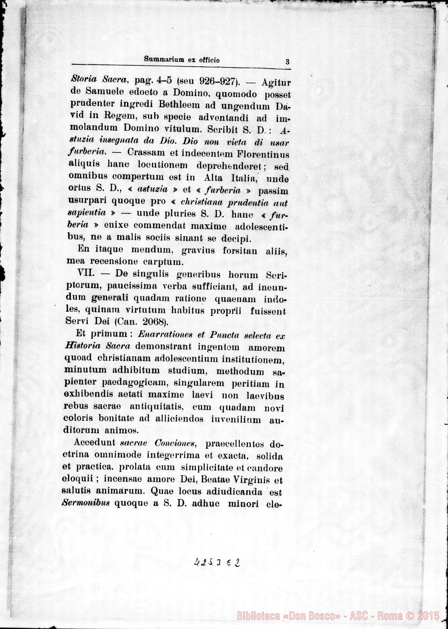 Fotogramma E 2 — Sugli scritti di Don Rua: summarium ex officio. Stampato