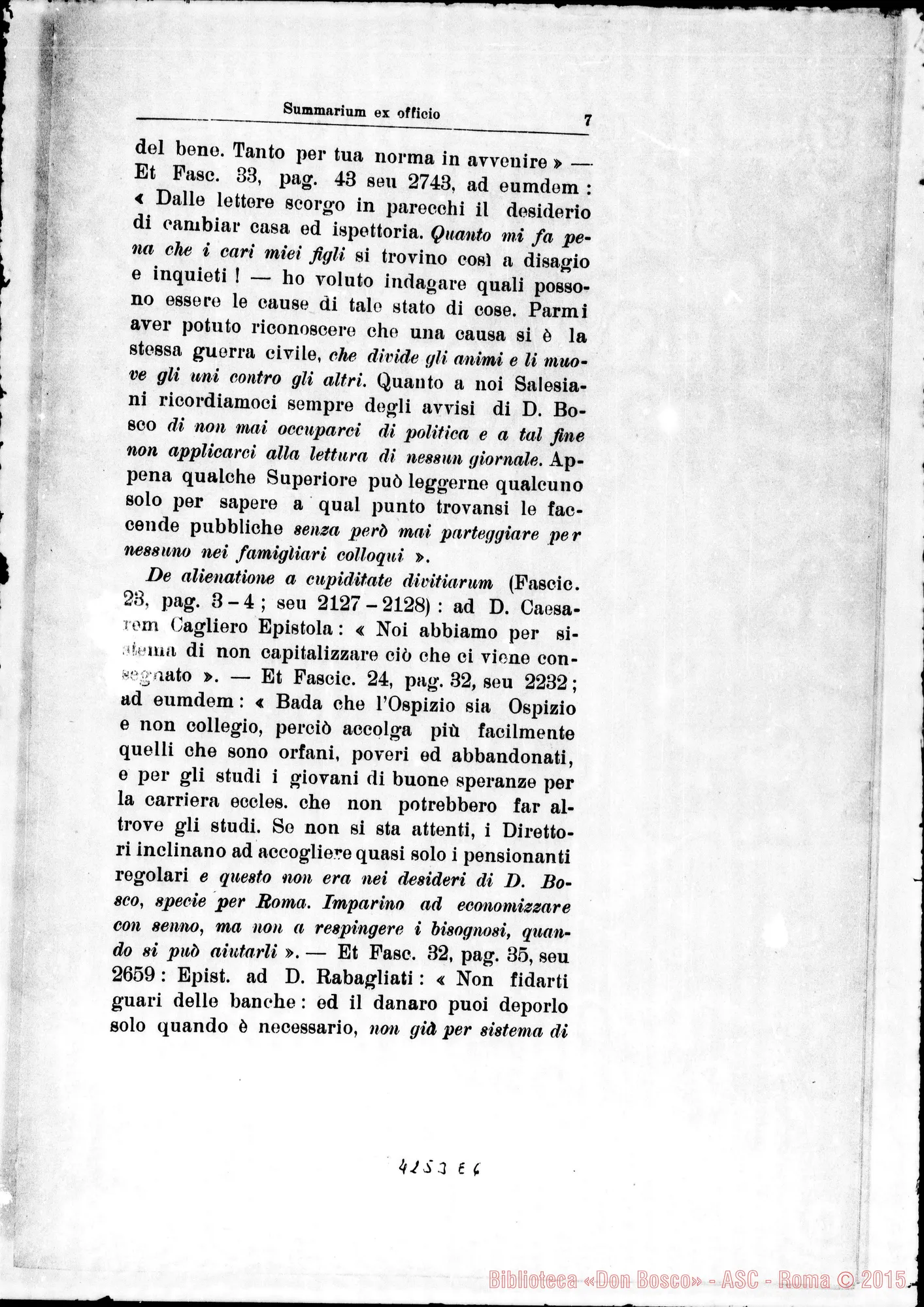 Fotogramma E 6 — Sugli scritti di Don Rua: summarium ex officio. Stampato