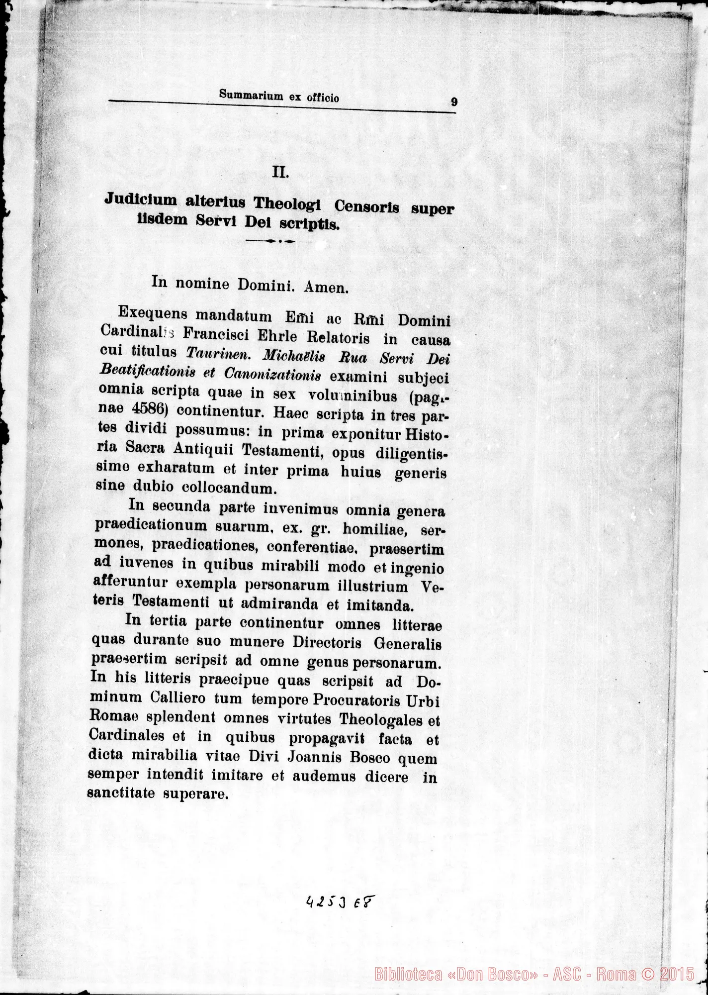 Fotogramma E 8 — Sugli scritti di Don Rua: summarium ex officio. Stampato