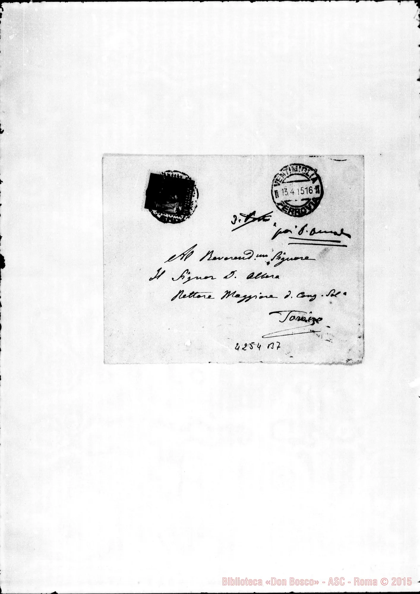 Fotogramma B 7 — Daffra Ambrogio, vesc. di Ventimiglia-Don Albera. Ventimiglia, 13-04-1915. Autogr. Rinaldi sulla busta