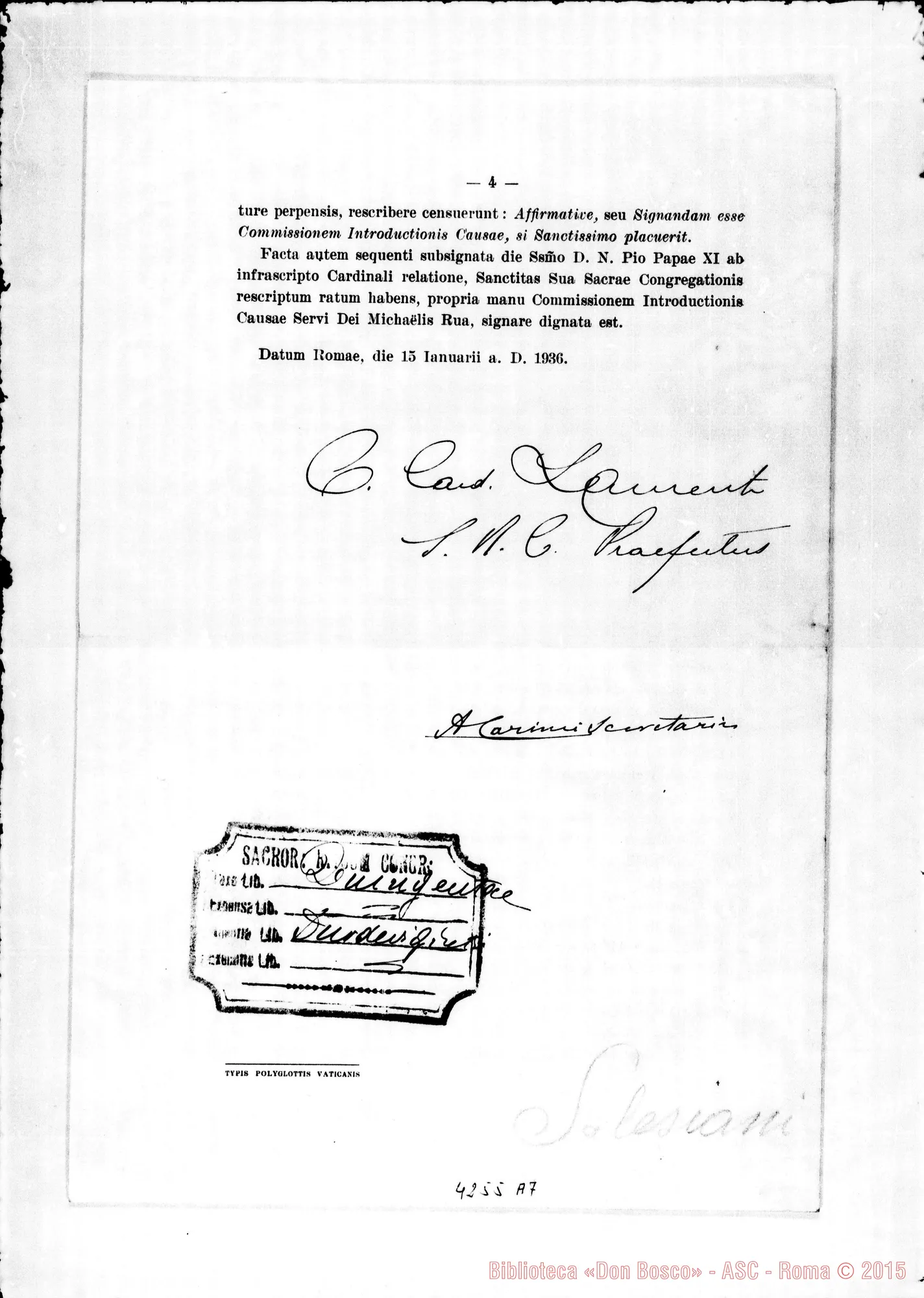 Fotogramma A 7 — Decreto per l’introduzione della Causa di Don Rua. Roma, 15-01-1936. Stampato