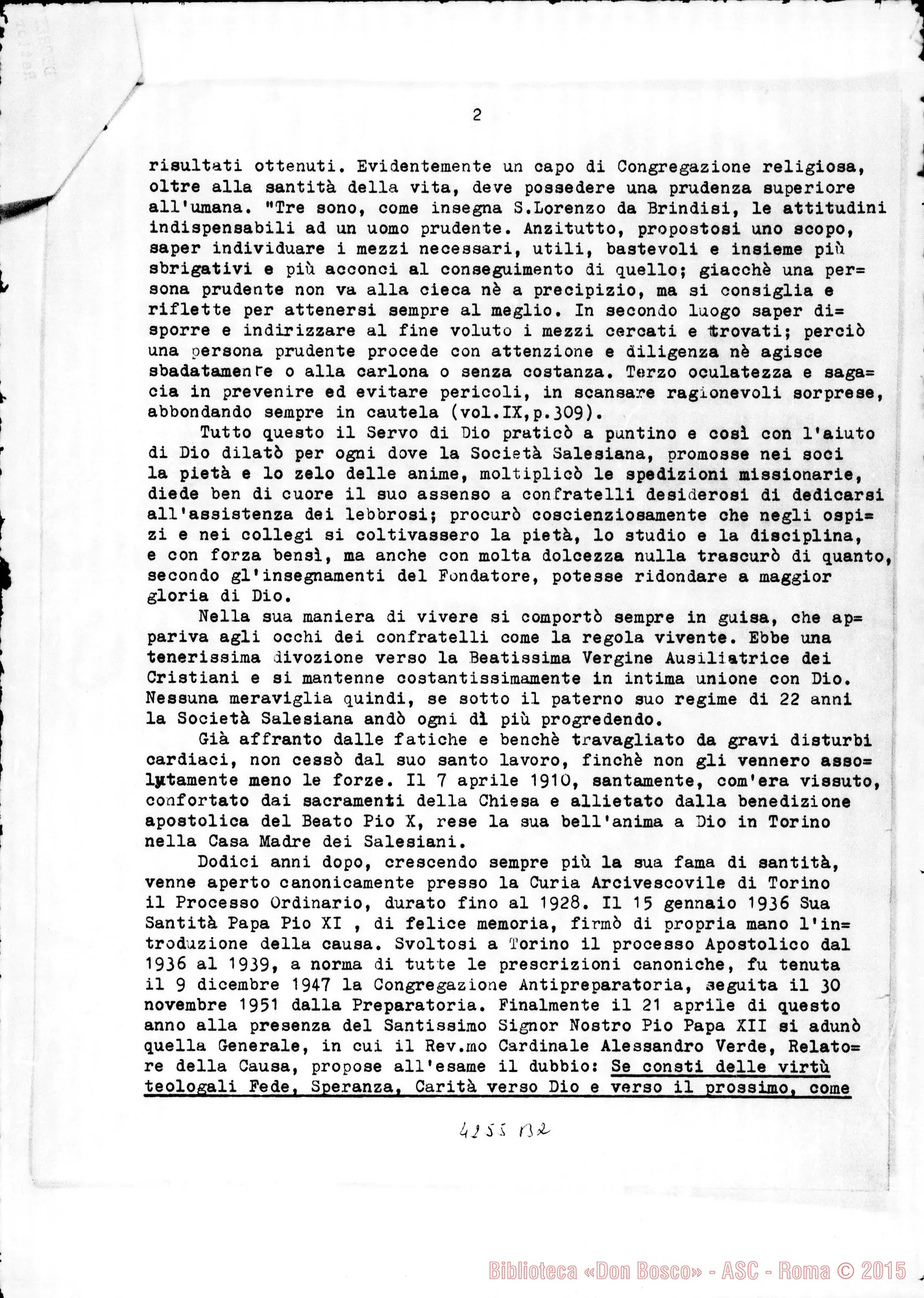 Fotogramma B 2 — Decreto sull’eroicità delle virtù. 1953. Copia dattiloscritta