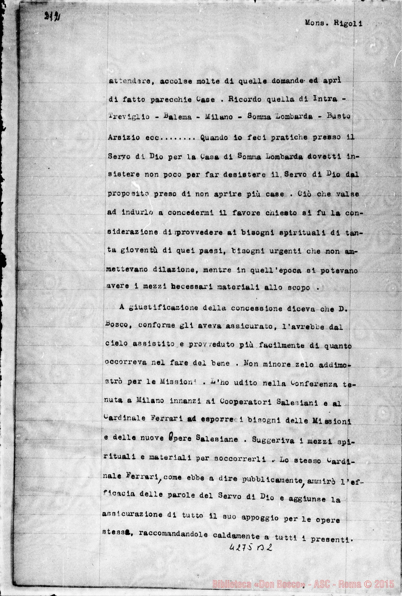Fotogramma B 2 — Rigoli Angelo, mons., Prevosto di Somma Lombarda
