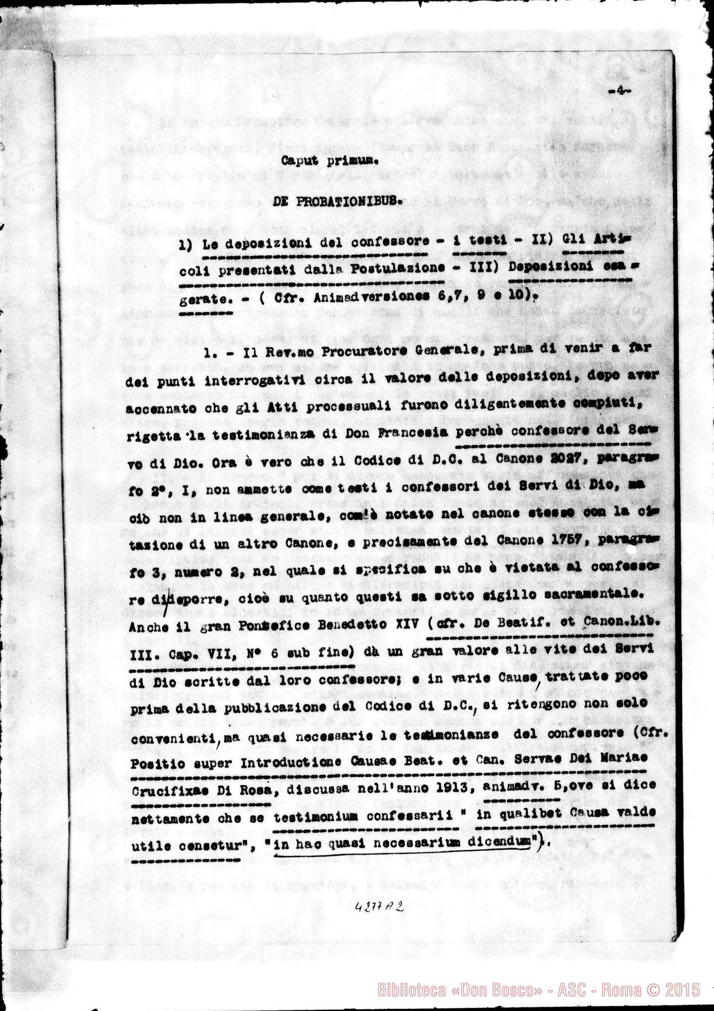 Fotogramma A 2 — Risposta alle osservazioni del Promotore della Fede per l’introduzione della Causa del Servo di Dio D. Michele Rua. Dattiloscritto