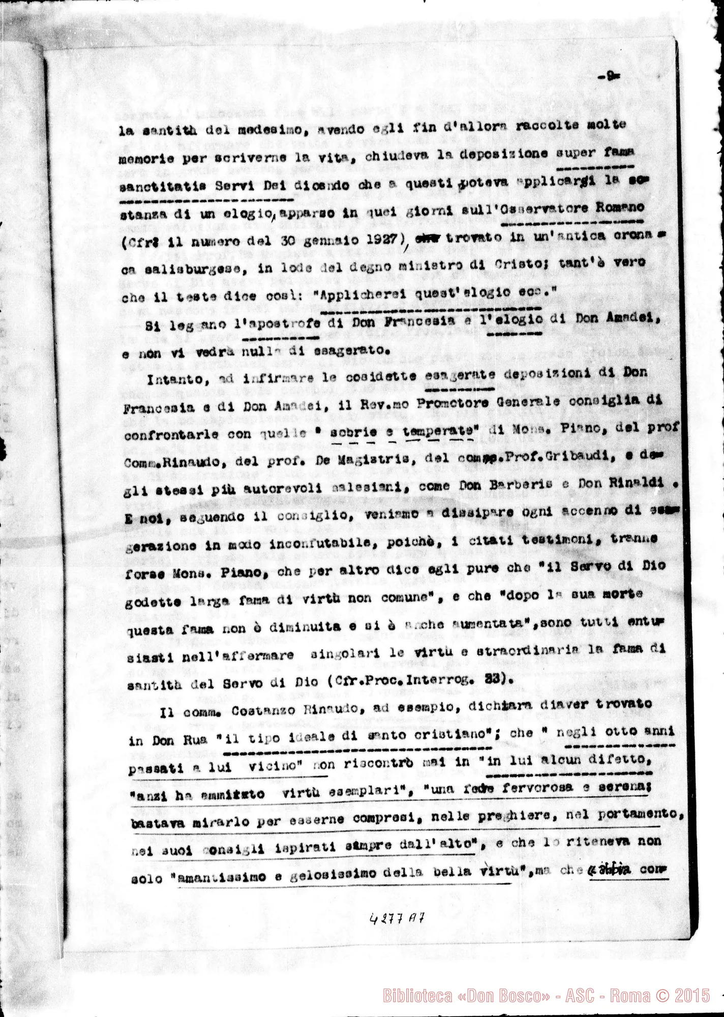 Fotogramma A 7 — Risposta alle osservazioni del Promotore della Fede per l’introduzione della Causa del Servo di Dio D. Michele Rua. Dattiloscritto