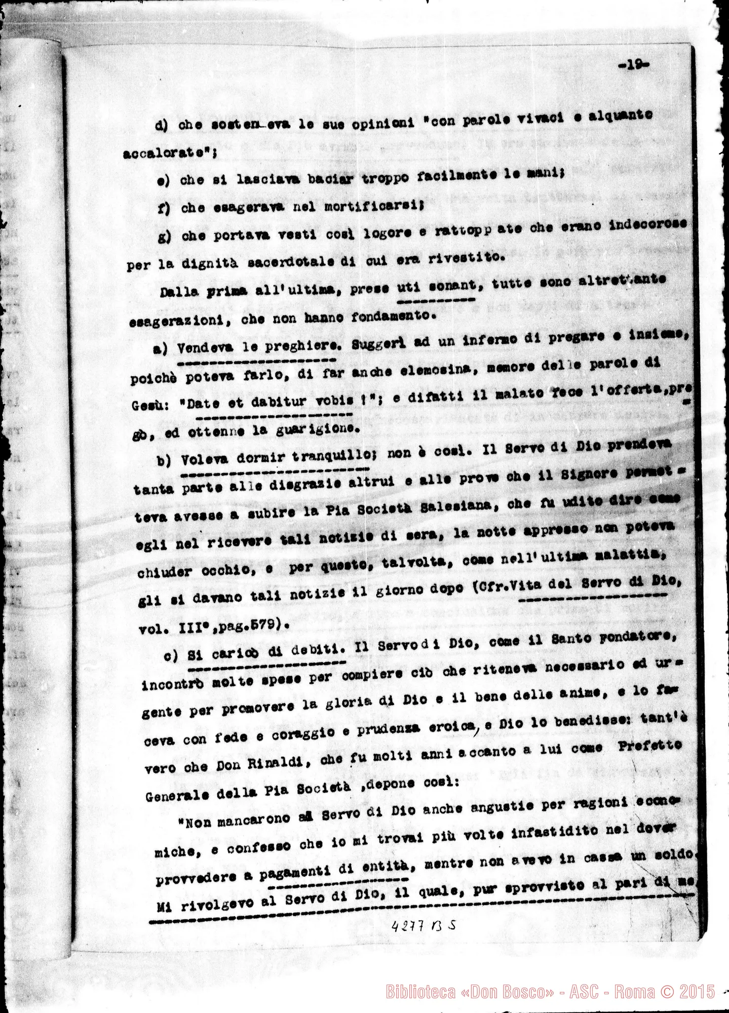 Fotogramma B 5 — Risposta alle osservazioni del Promotore della Fede per l’introduzione della Causa del Servo di Dio D. Michele Rua. Dattiloscritto