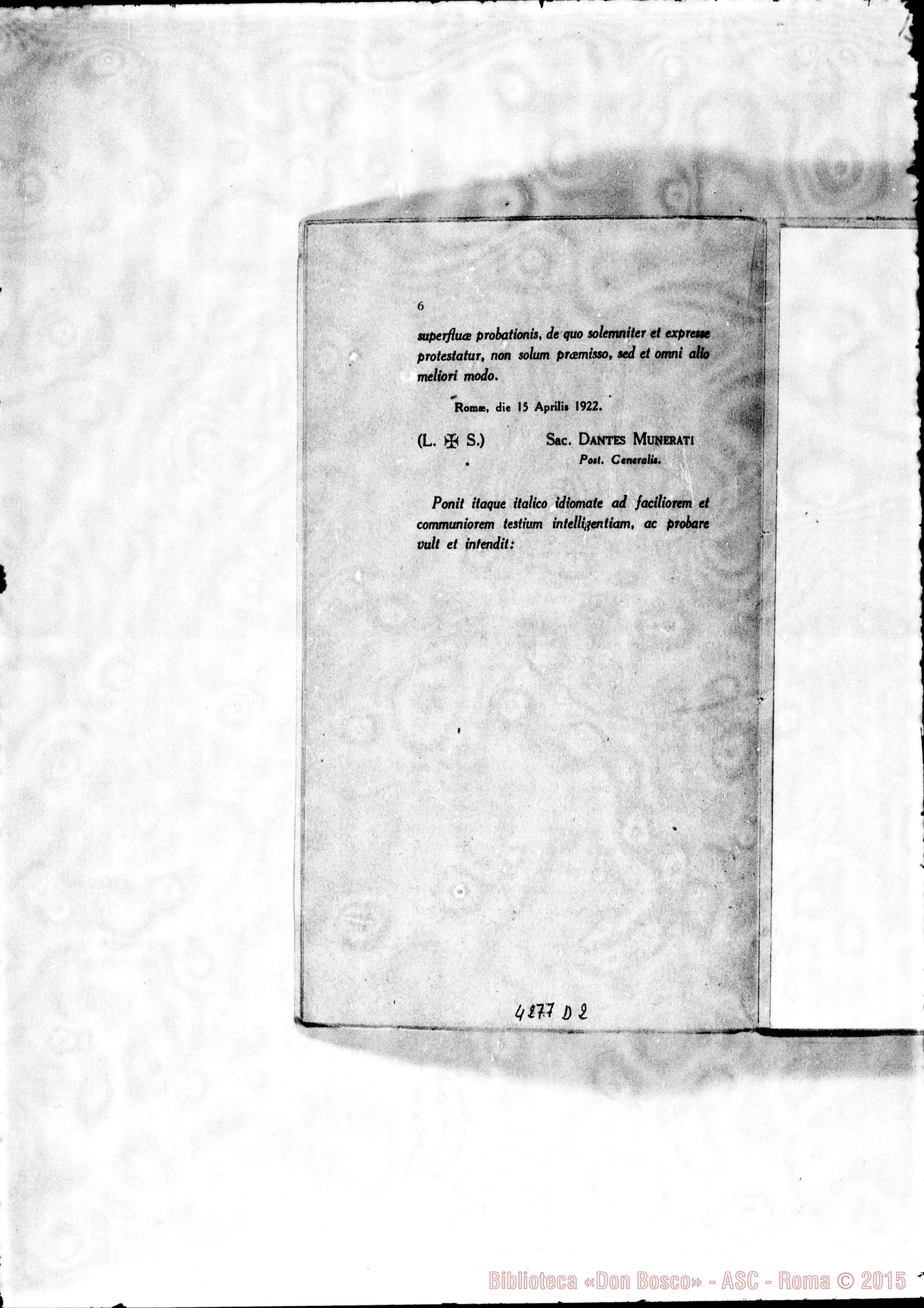 Fotogramma D 2 — Posizioni e articoli per il Processo dell’Ordinario sulla fama di santità, virtù e miracoli del Servo di Dio D. Michele Rua. Stampato