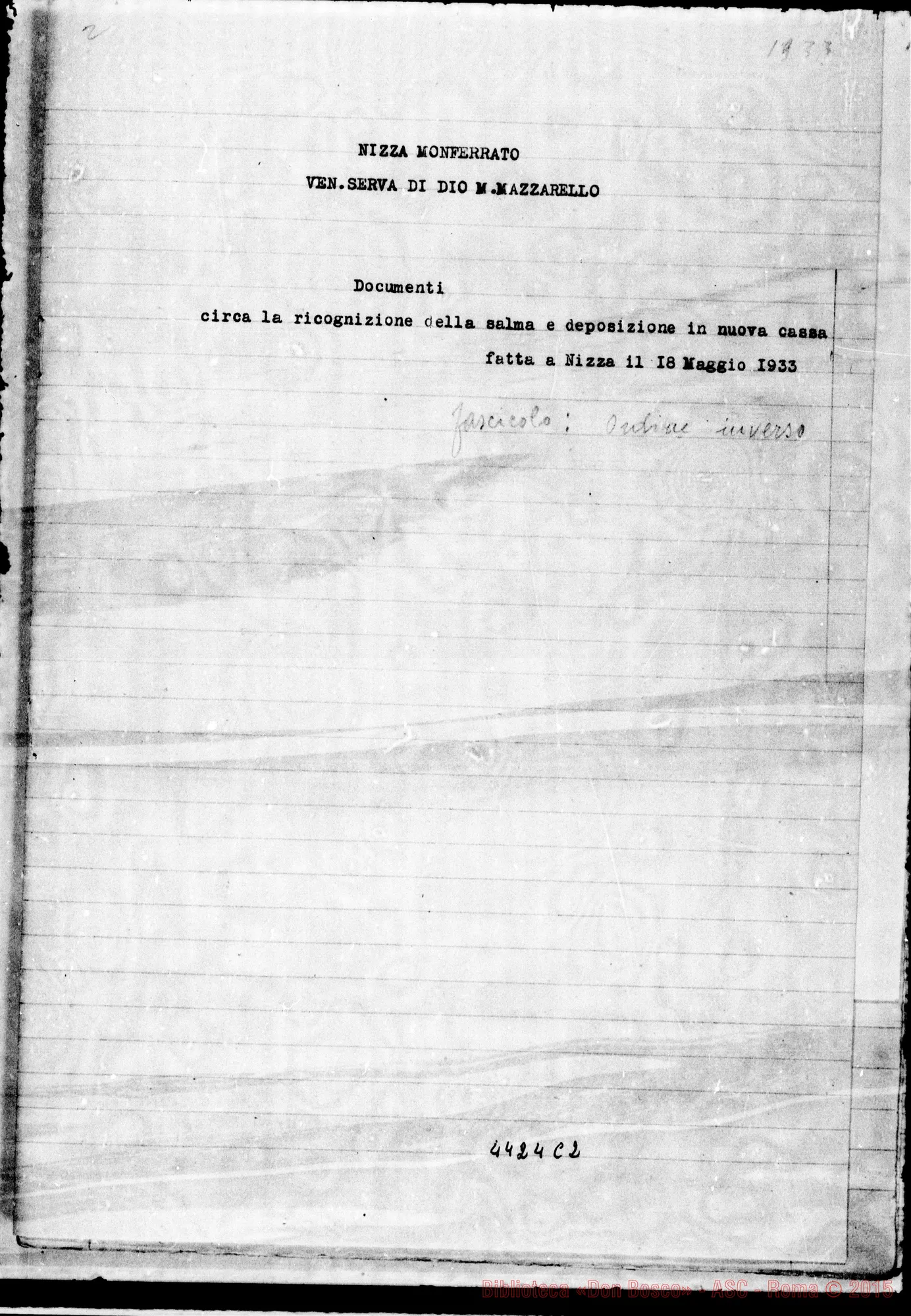 Fotogramma C 2 — Documenti circa la ricognizione della salma E deposizione in una nuova cassa fatta A Nizza, il 18-05-1933