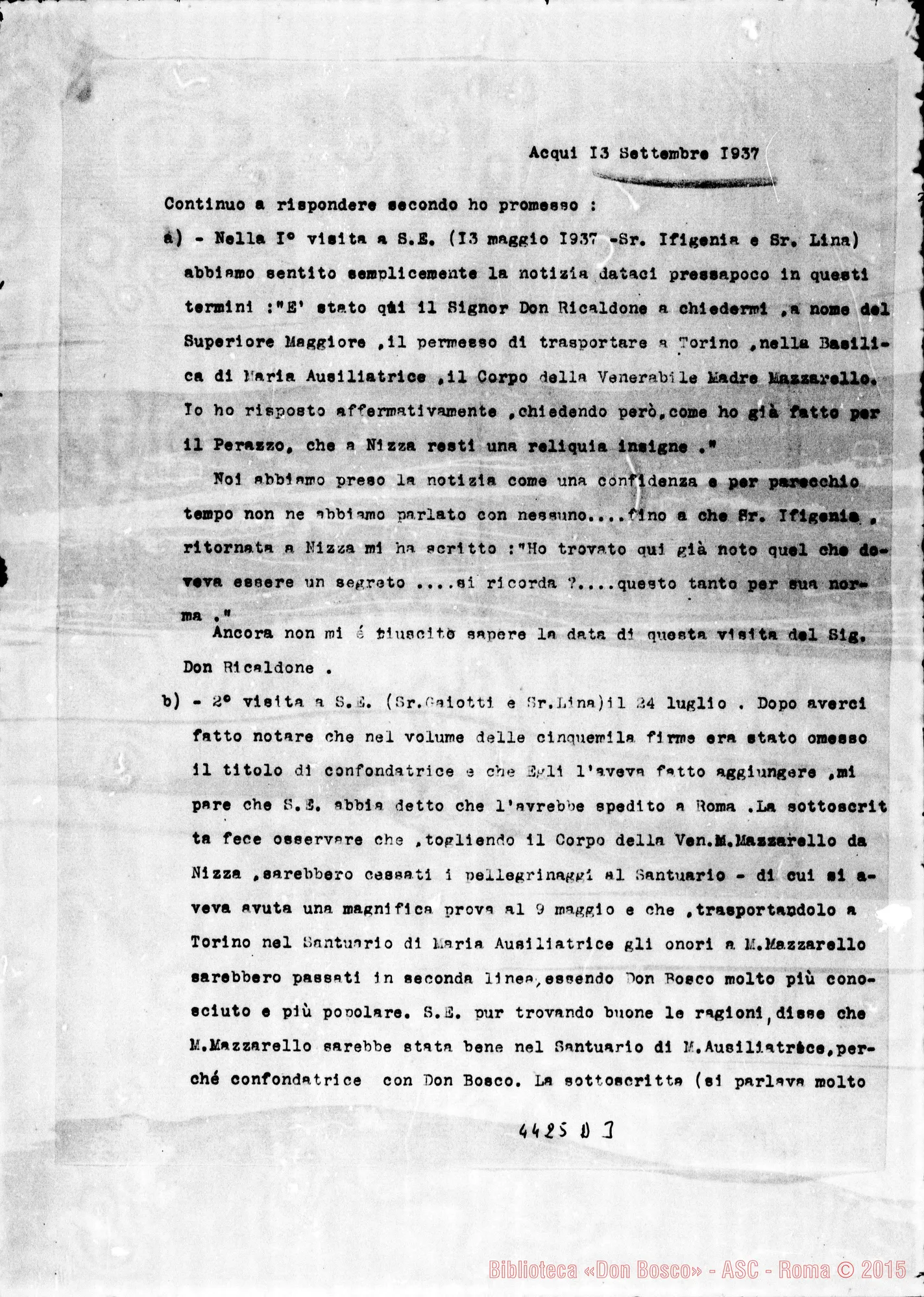 Fotogramma D 3 — Suor Lina (Orsolina) Molinari: risposte. Acqui, 13-09-1937