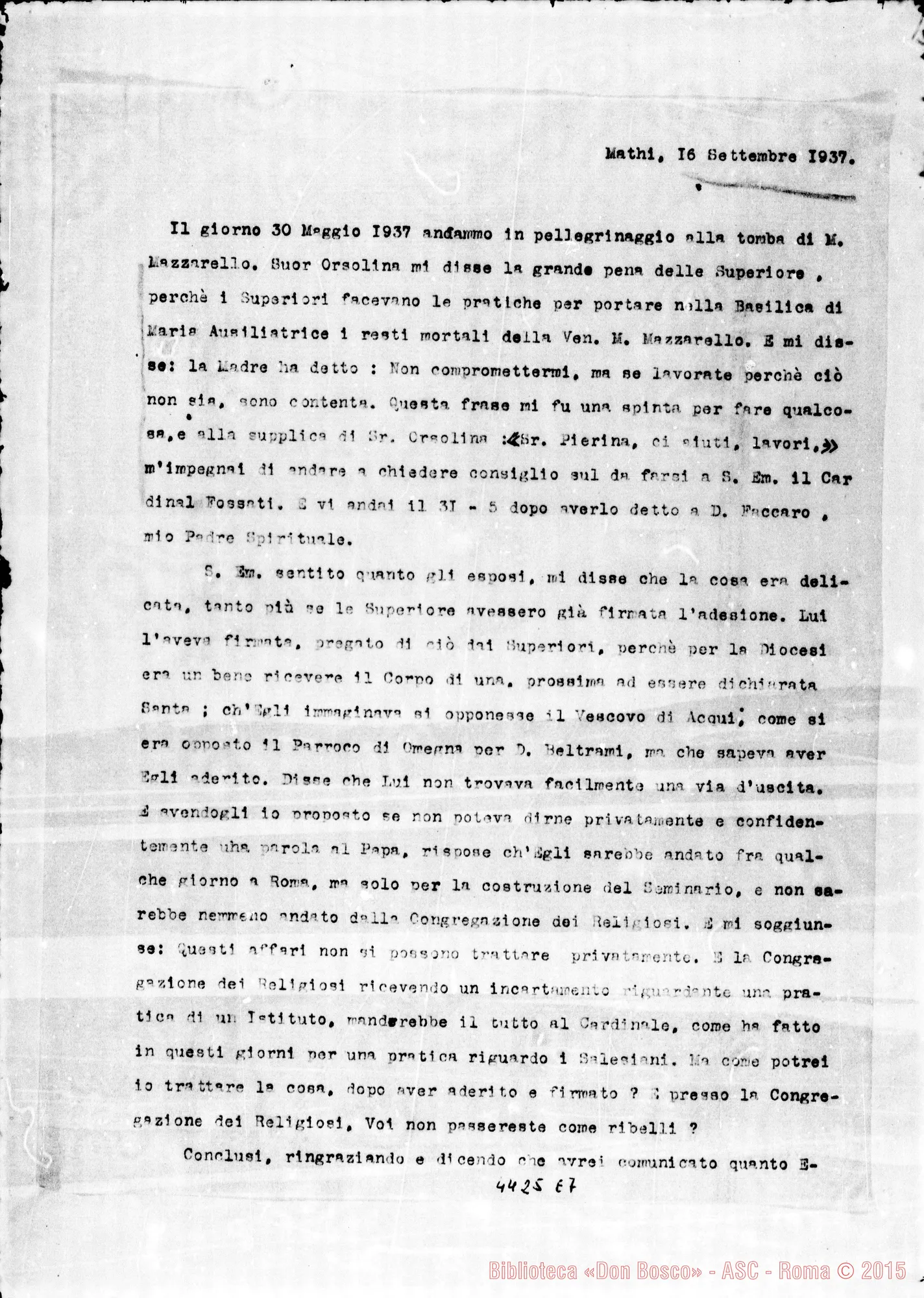 Fotogramma E 7 — Suor Sutto Pierina, F.M.A.: relazione sul tema della traslazione. Mathi, 16-09-1937