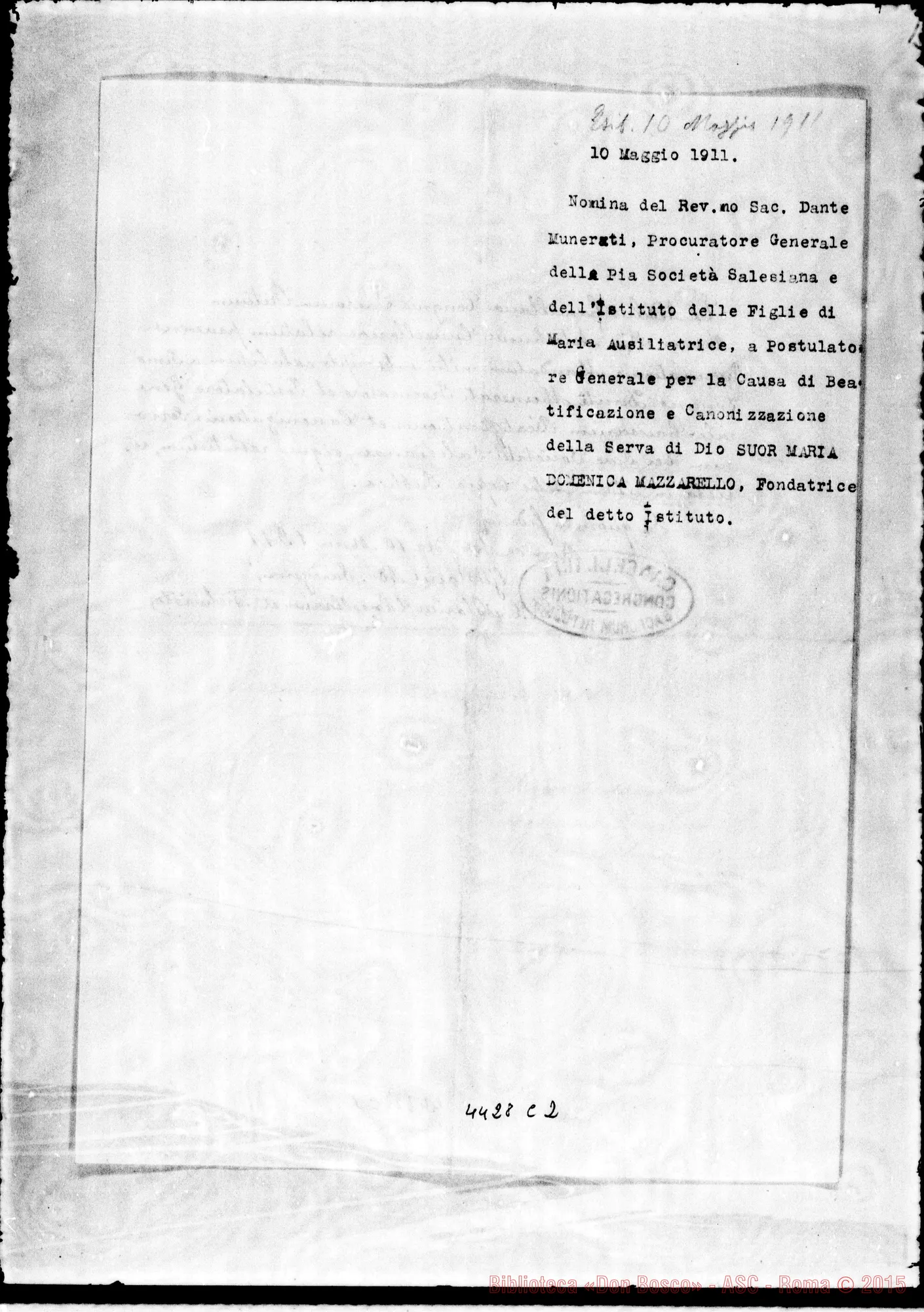 Fotogramma C 2 — Consiglio Superiore delle Suore-Don Munerati. Nizza Monf., 24-04-1911. Nomina di Postulatore Generale