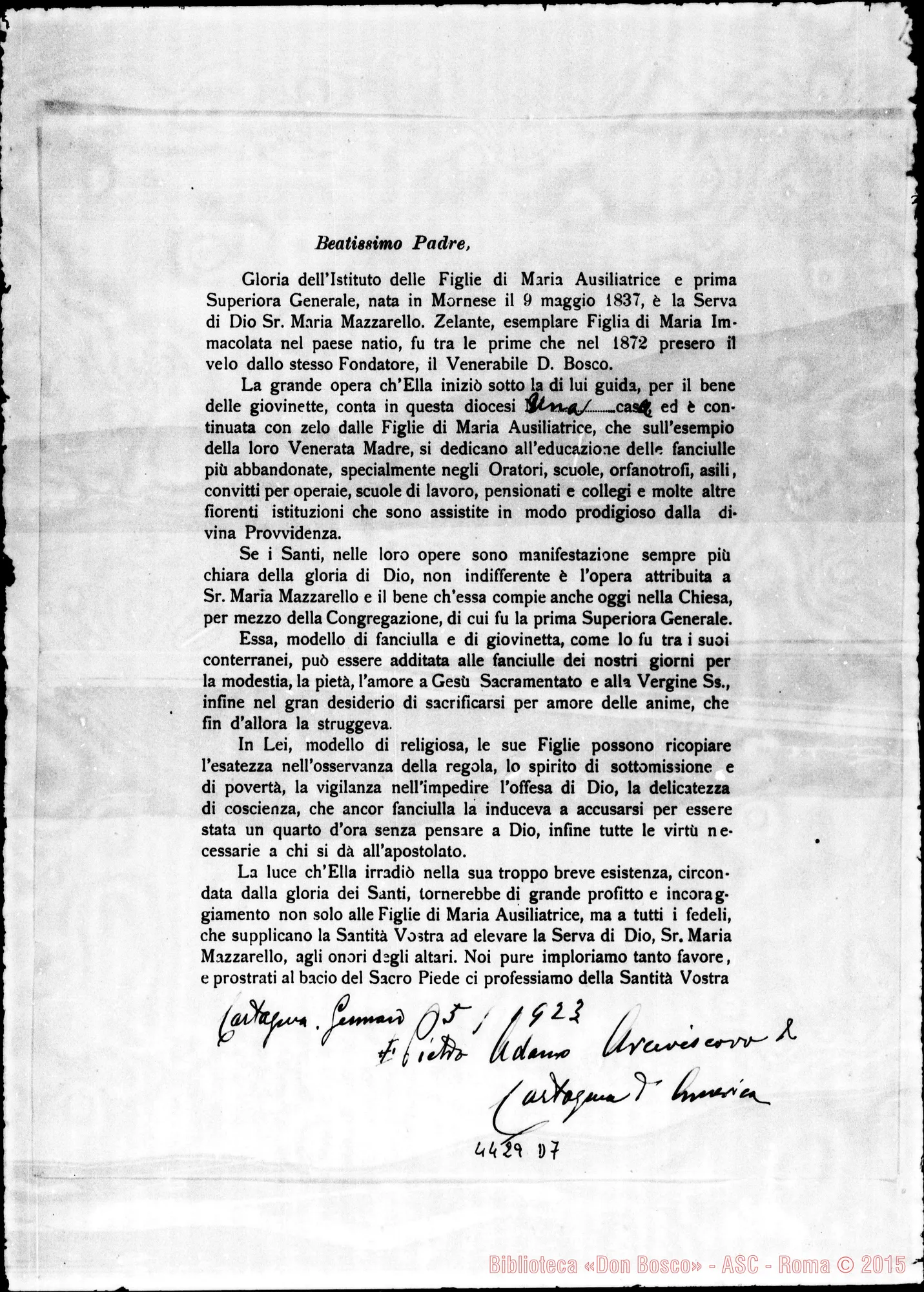 Fotogramma D 7 — Lettere postulatorie: Adamo Pietro, arciv. di Cartagena (America)
