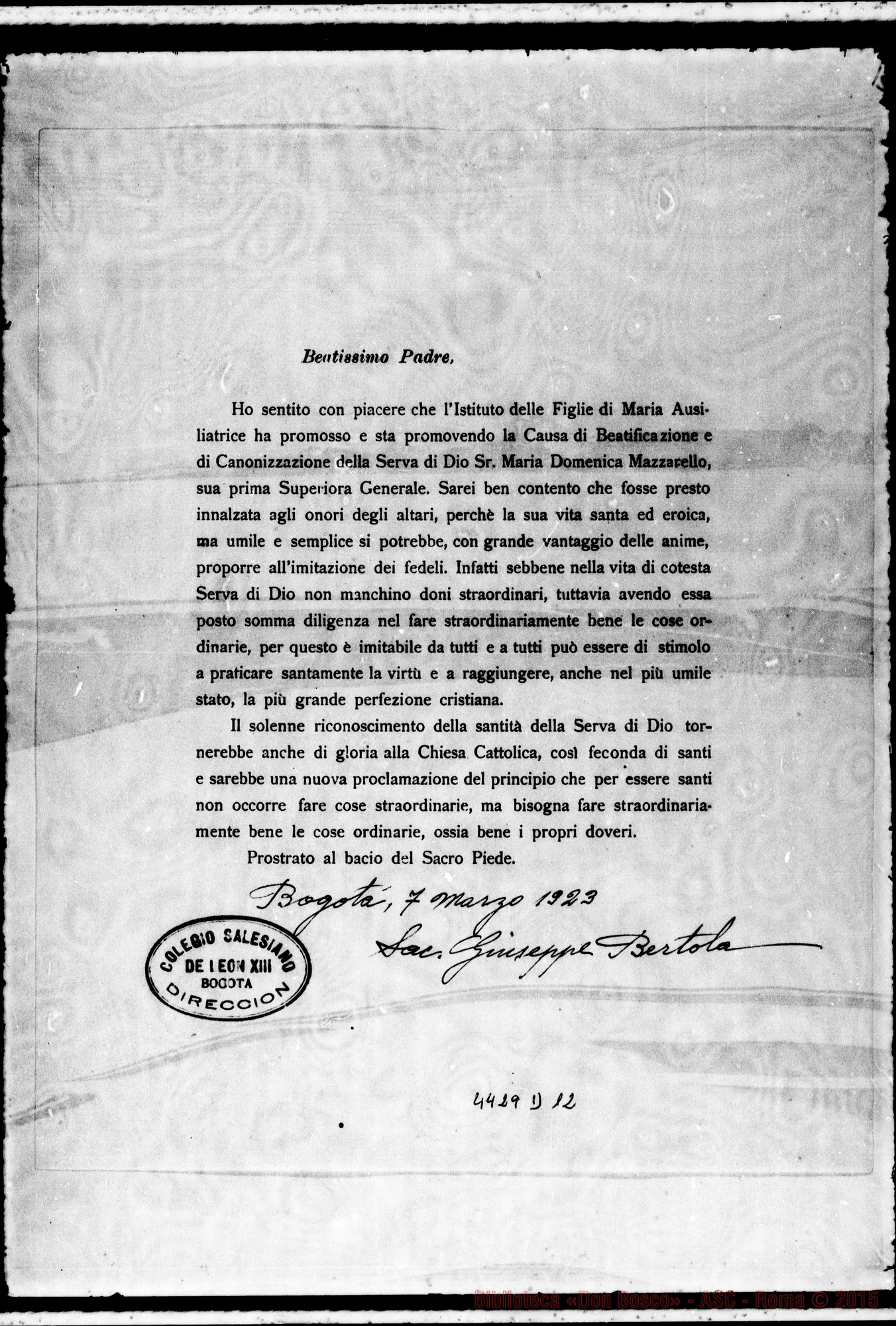 Fotogramma D 12 — Bertola Giuseppe, sac. SDB Direttore. Bogotá