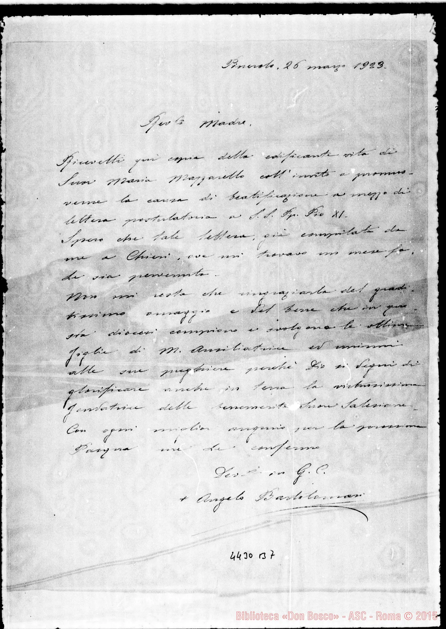 Fotogramma B 7 — Bartolomasi Angelo, vesc. di Pinerolo, il 26-03-1923