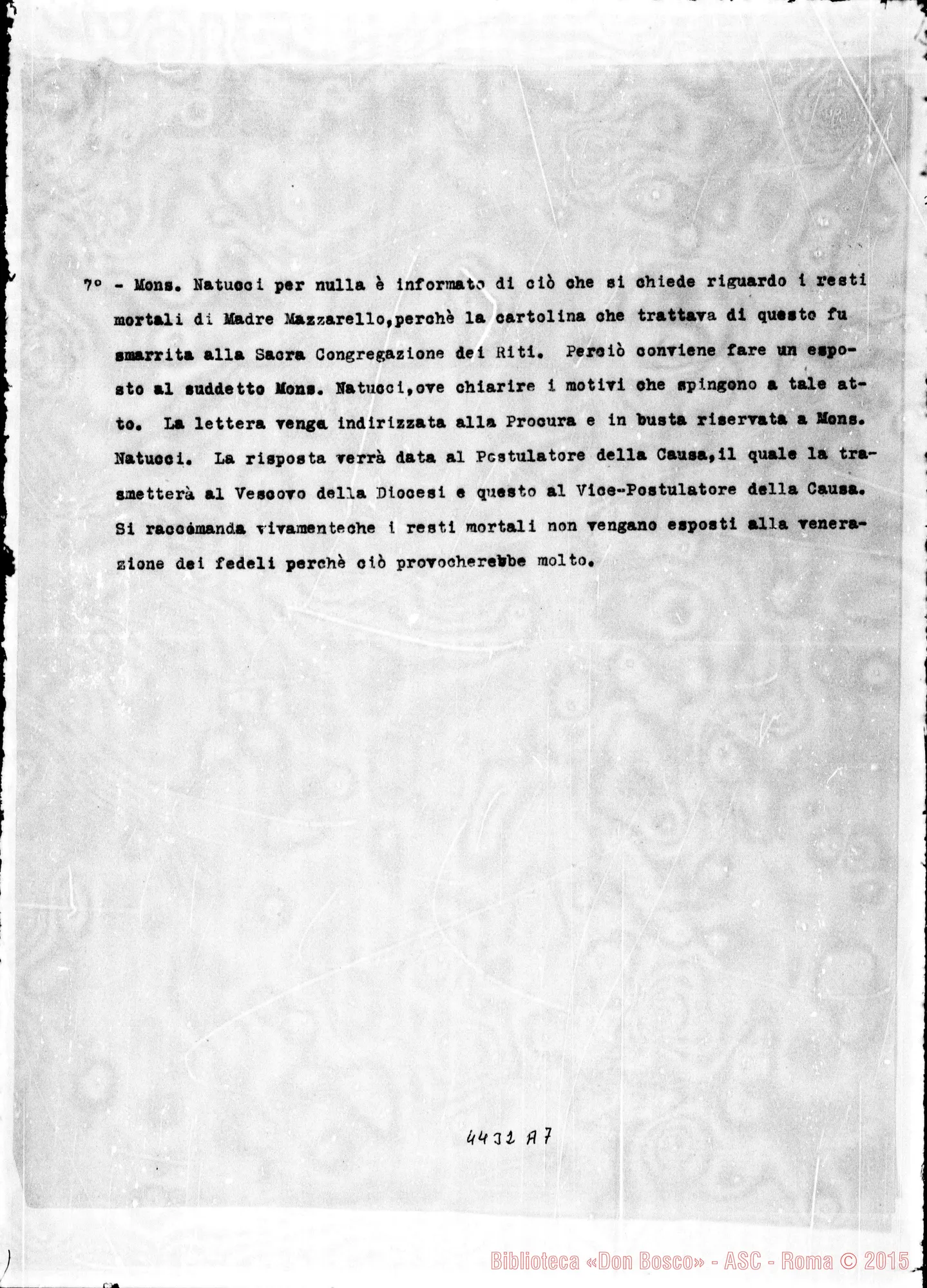 Fotogramma A 7 — Madre Ermelinda Lucotti: promemoria E relative risposte. S.d.