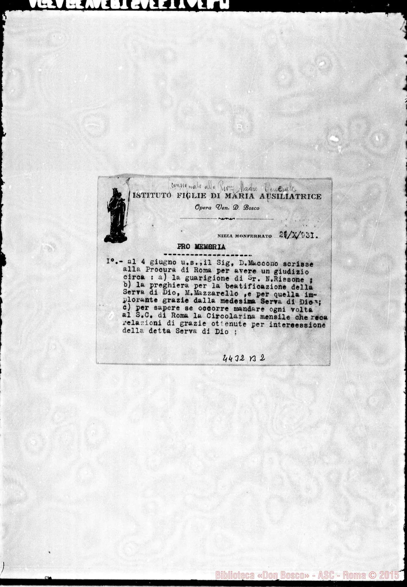 Fotogramma B 2 — Promemoria per la Madre Generale (Suor Luisa Vaschetti), il 29-10-1931