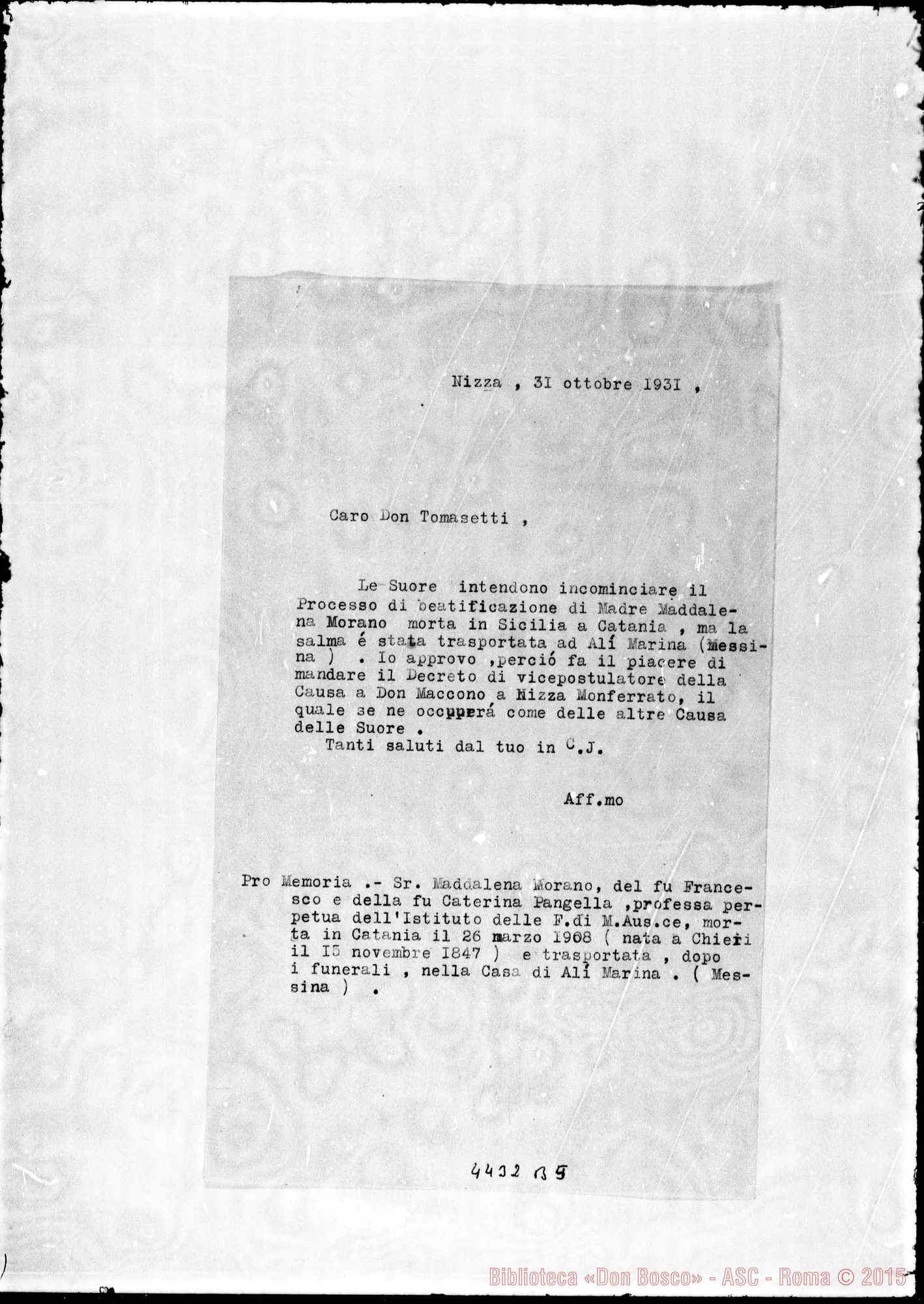 Fotogramma B 5 — Don Maccono-Don Tomasetti Francesco, procur. gen.. Nizza M., 31-10-1931. Sul Processo di Madre Maddalena Morano