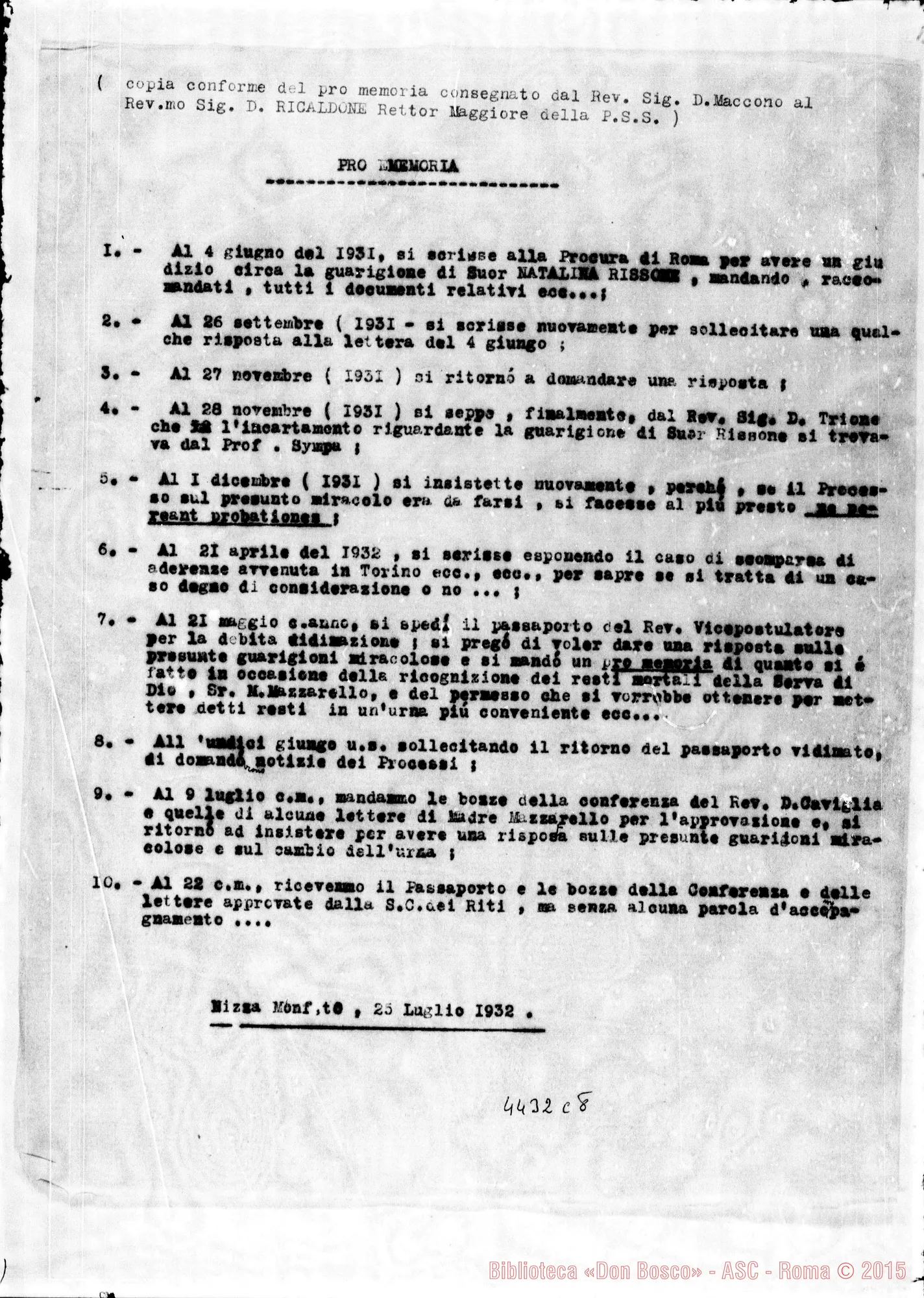 Fotogramma C 8 — Don Maccono-Don Ricaldone. Promemoria. Nizza Monf., 25-07-1932