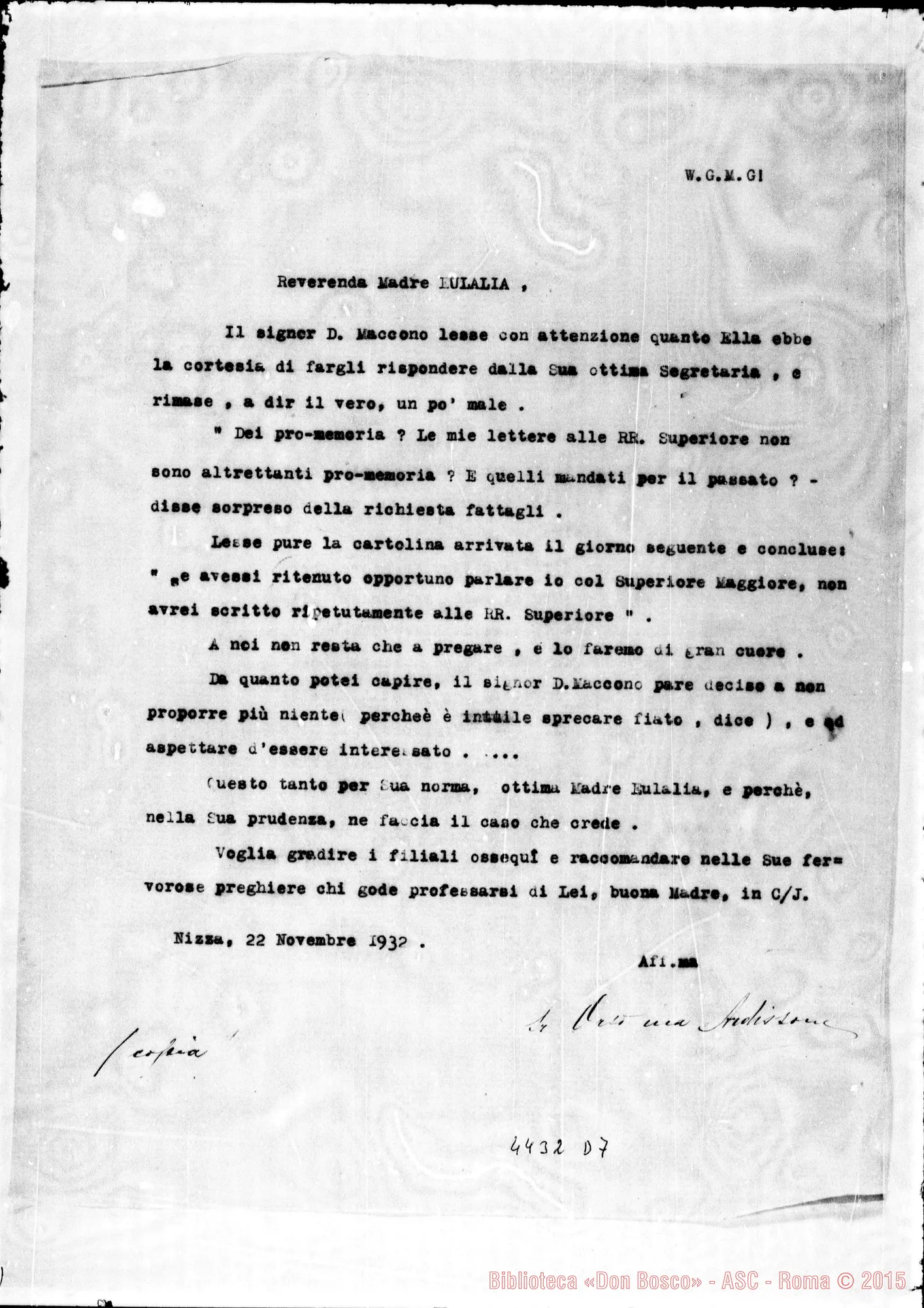Fotogramma D 7 — Suor Ardissone-Madre Eulalia Bosco. Nizza Monf., 22-11-1932