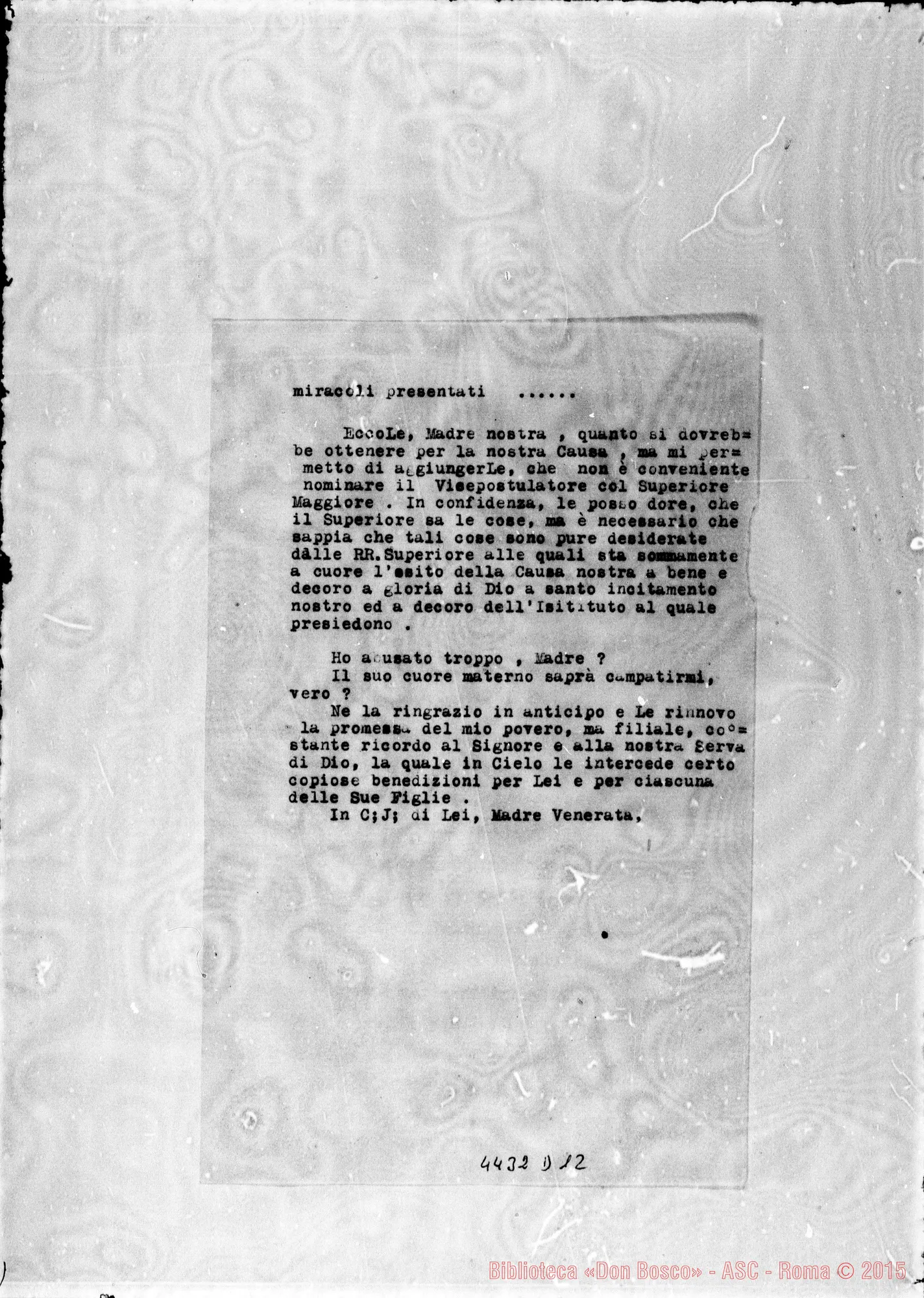 Fotogramma D 12 — Suor Ardissone-Madre Generale. Nizza Monf., 7-12-1932 Minuta di lettera