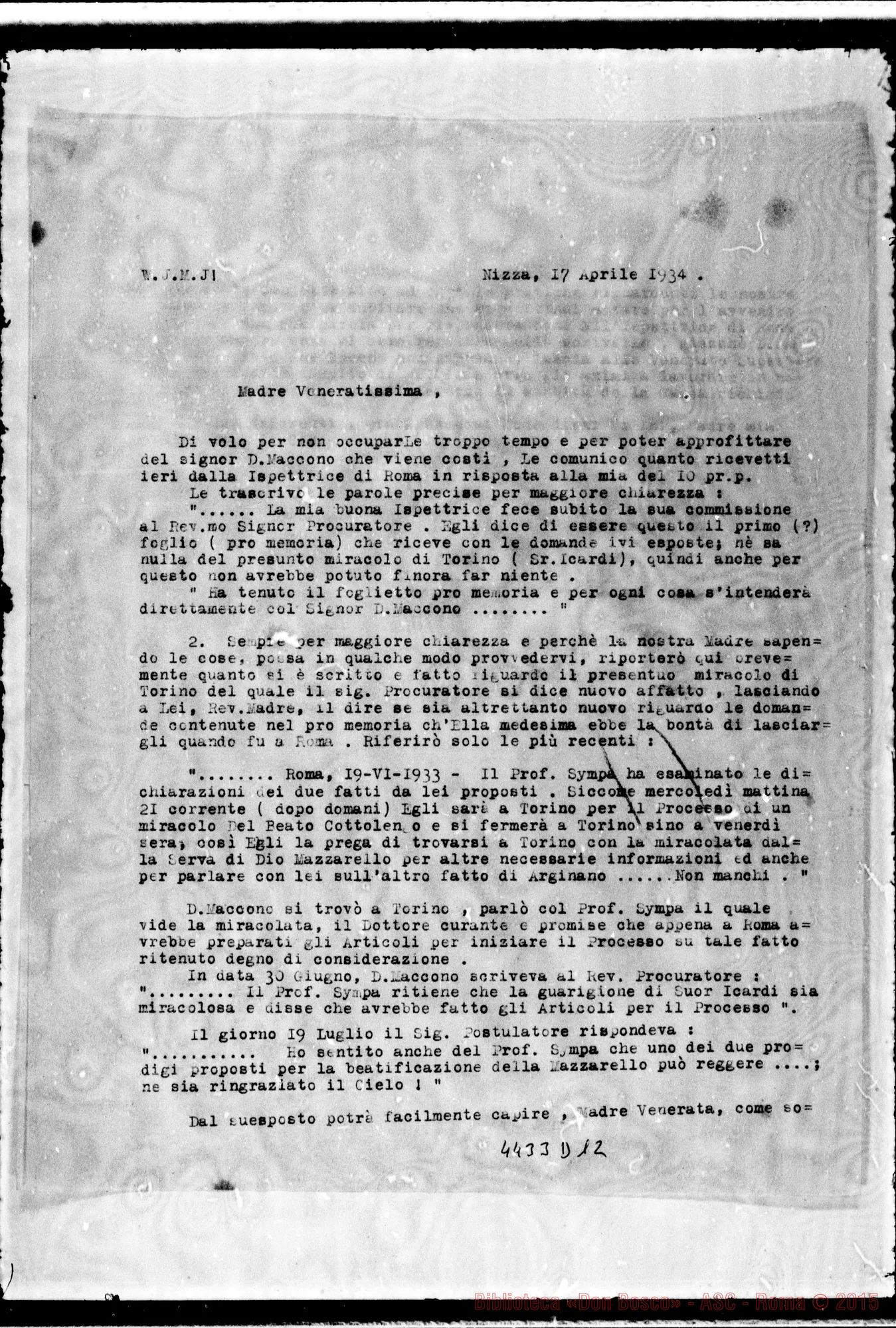 Fotogramma D 12 — Suor Ardissone-Madre Generale. Nizza Monf., 17-04-1934