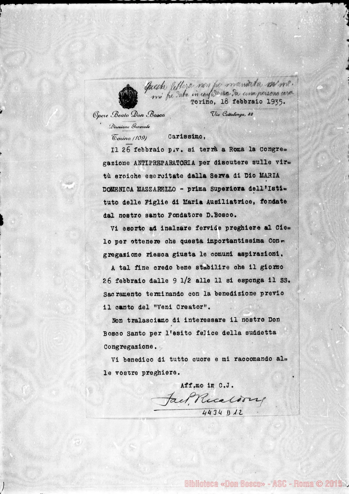 Fotogramma D 12 — Don Ricaldone: circolare ai confratelli. Torino, 18-02-1935