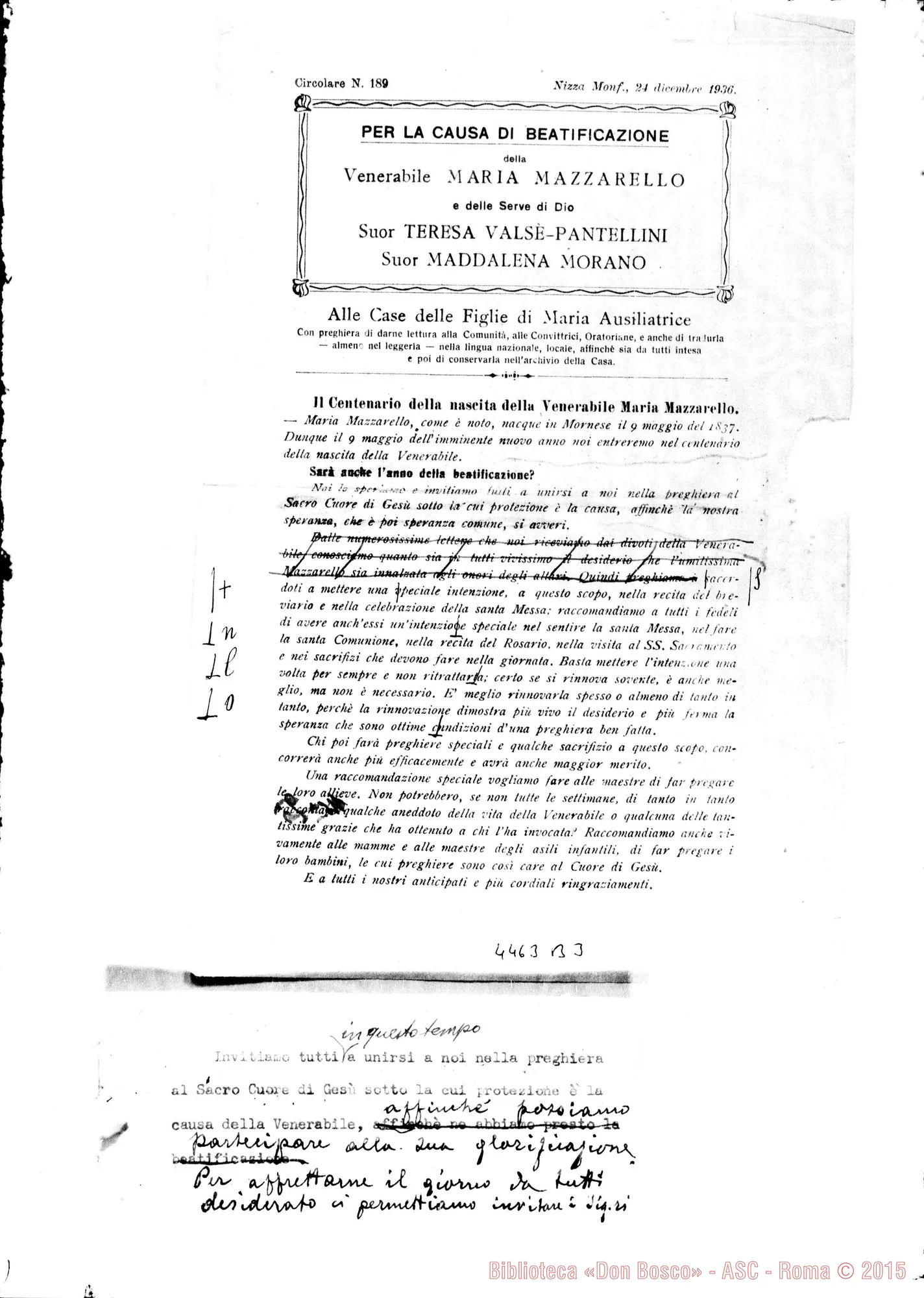 Fotogramma B 3 — CIRCOLARE 189 del dicembre del 1936. Stesura E correzioni