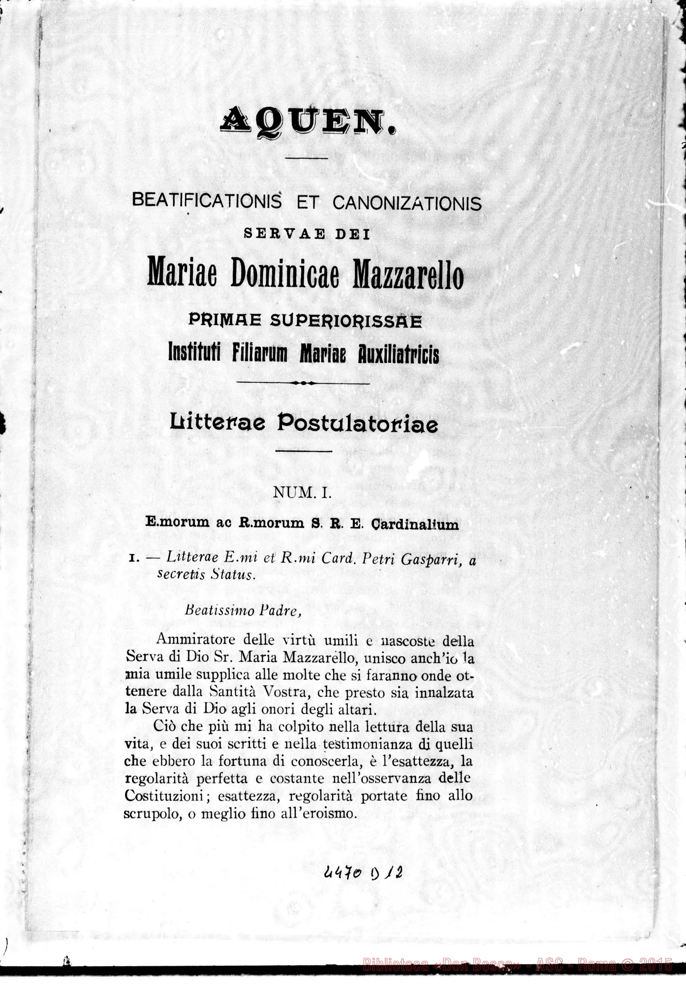 Fotogramma D 12 — Litterae Postulatoriae. 1923