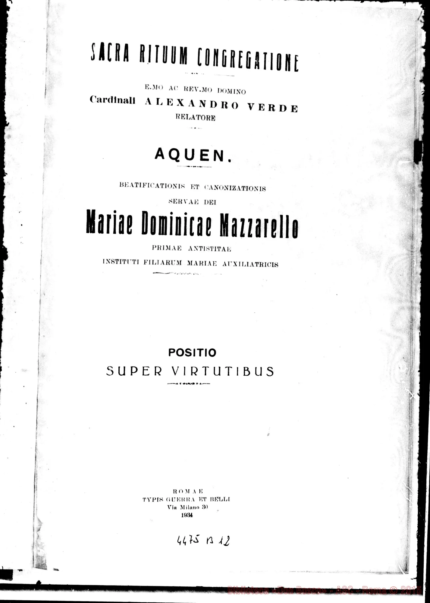Fotogramma B 12 — Positio super virtutibus. Giugno 1933