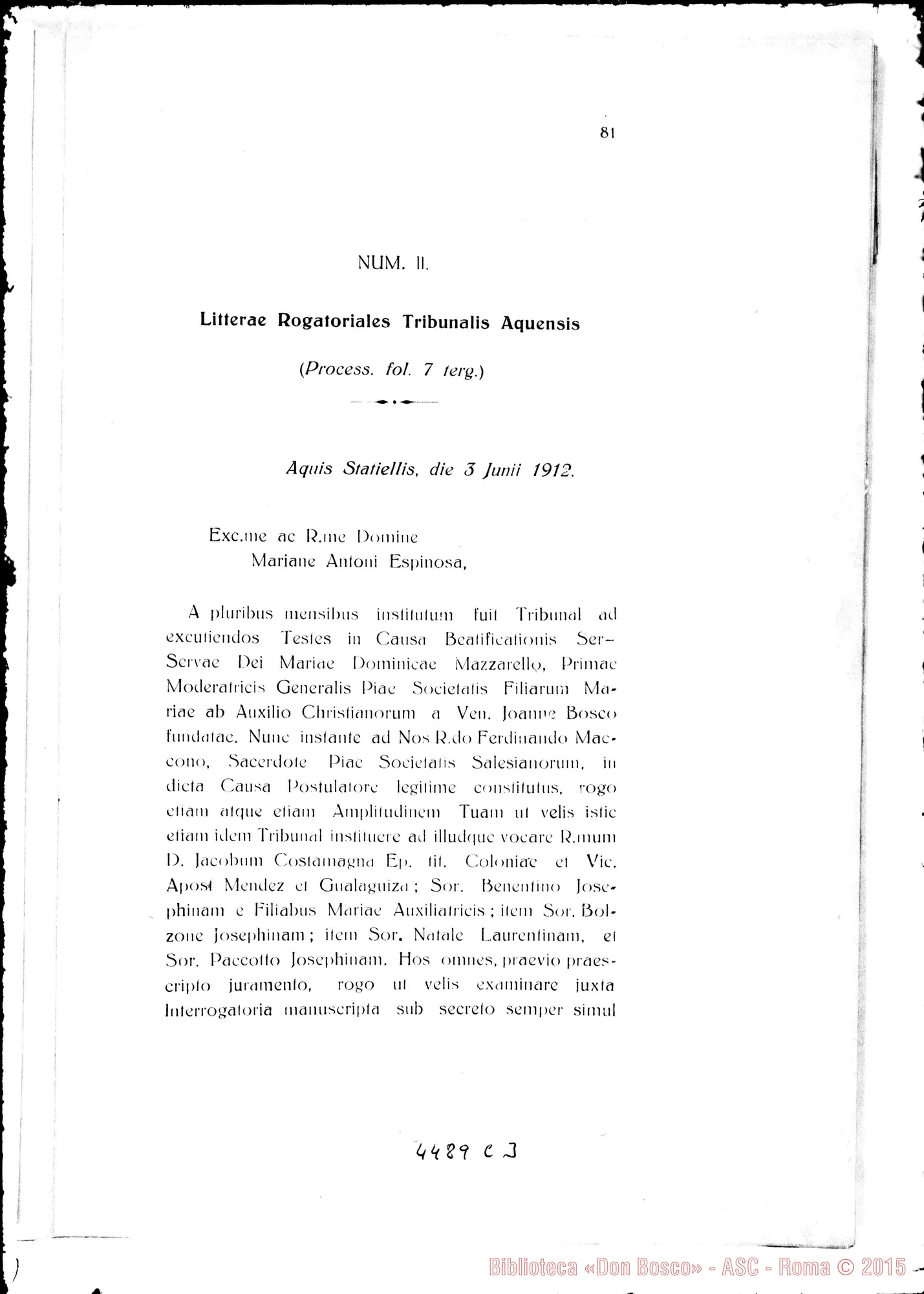Fotogramma C 3 — Positio super validitate Processuum. 1934