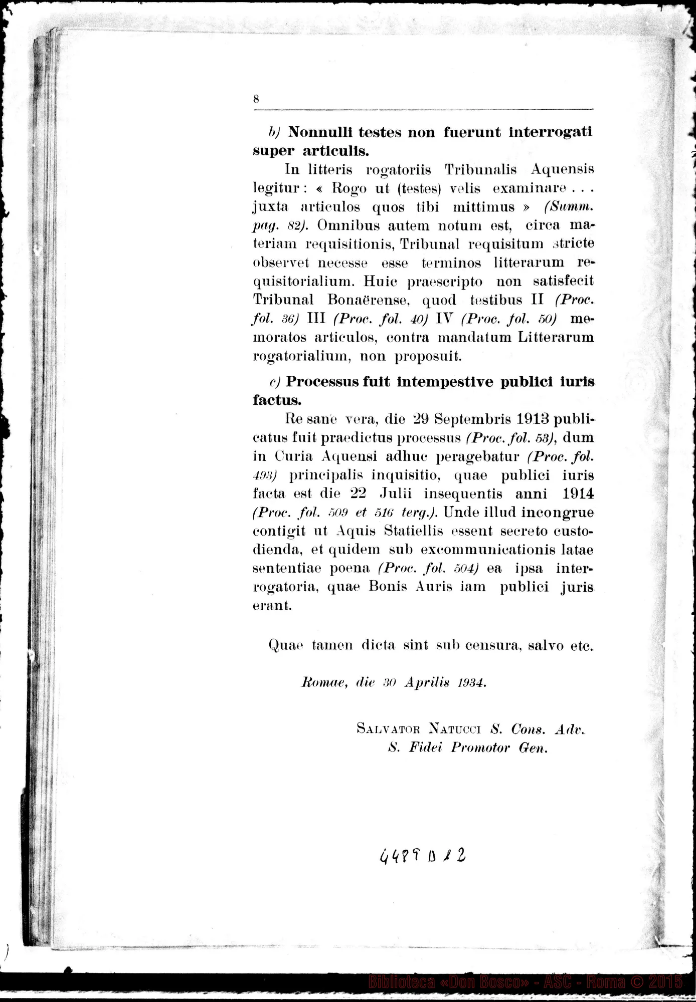 Fotogramma D 12 — Positio super validitate Processuum. 1934