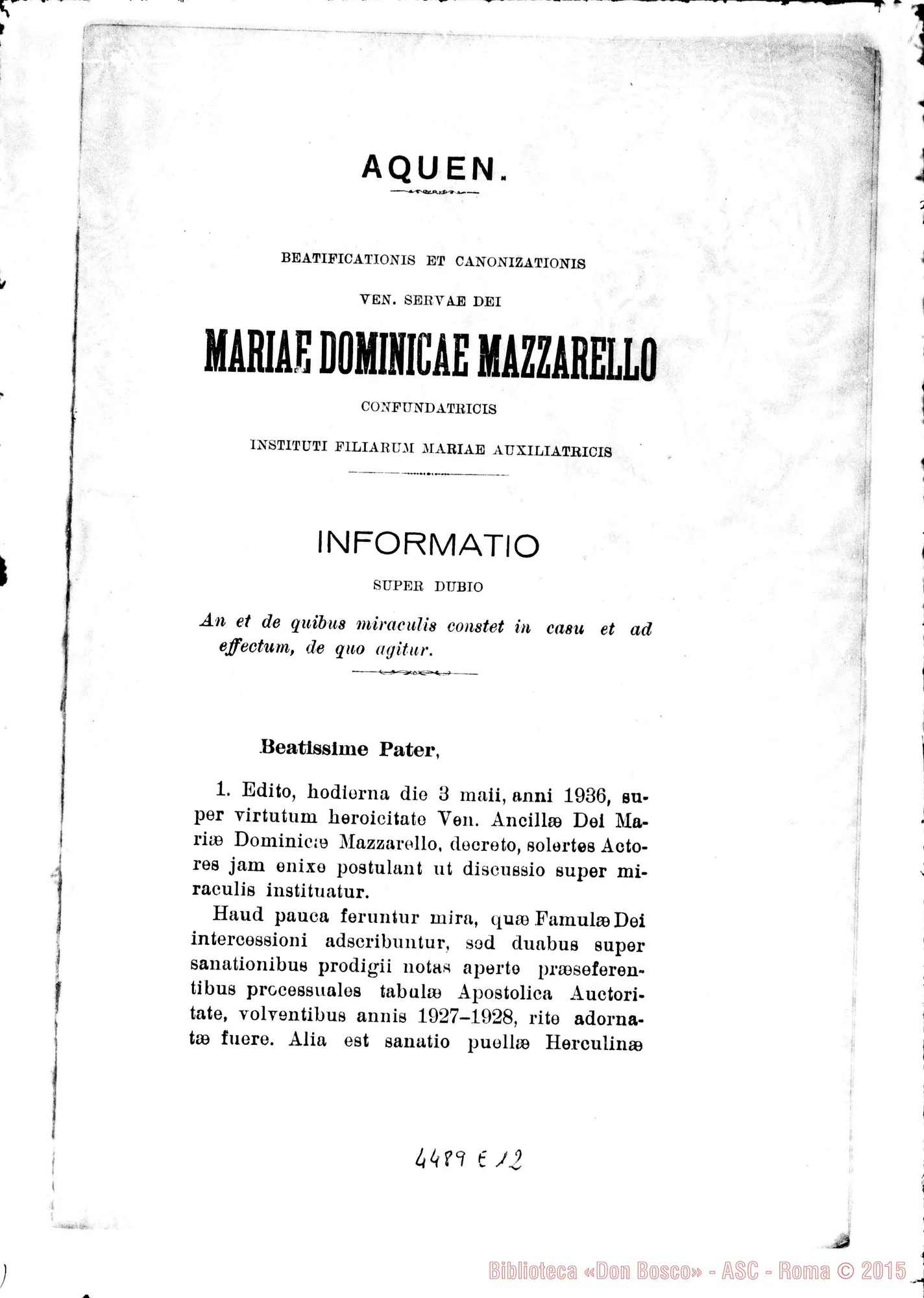 Fotogramma E 12 — Positio super miraculis. Giugno 1937