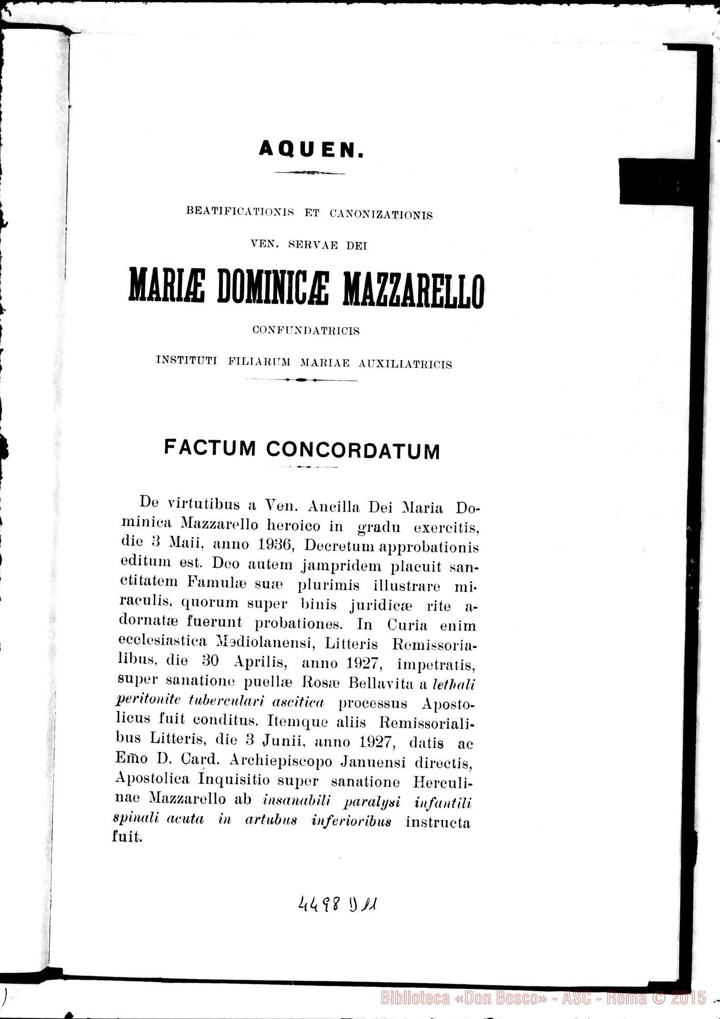 Fotogramma D 11 — Novissima positio super miraculis. Marzo 1938