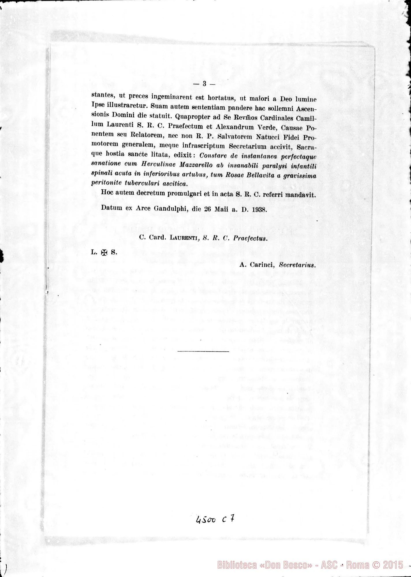 Fotogramma C 7 — Decreto sui miracoli (Latino E italiano): Card. Laurenti. Castel Gandolfo, 26-05-1938