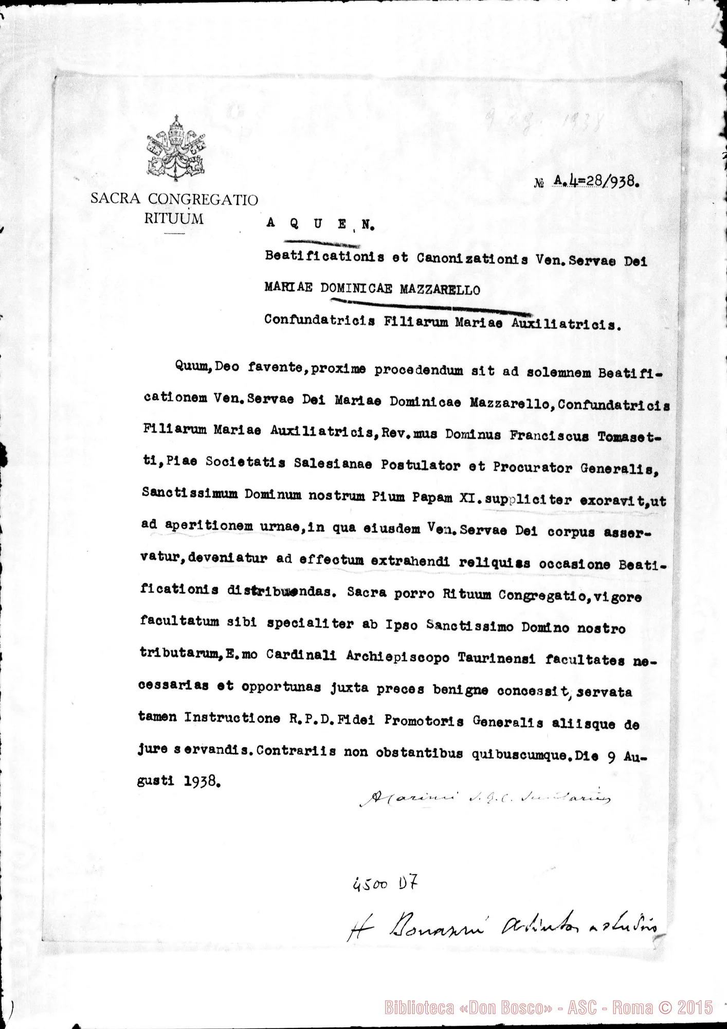 Fotogramma D 7 — Decreto per estrarre reliquie (Latino), il 9-08-1938
