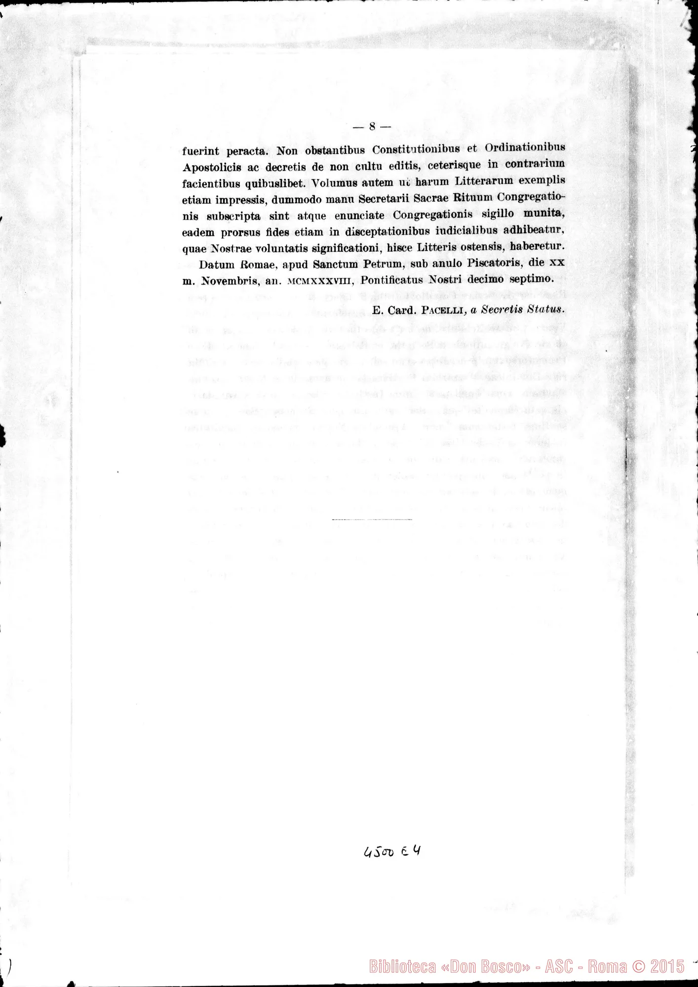 Fotogramma E 4 — Lettera Apostolica con la quale si dichiara beata Madre D. Mazzarello (Latino E italiano): Card. Pacelli. Roma, 20-11-1938