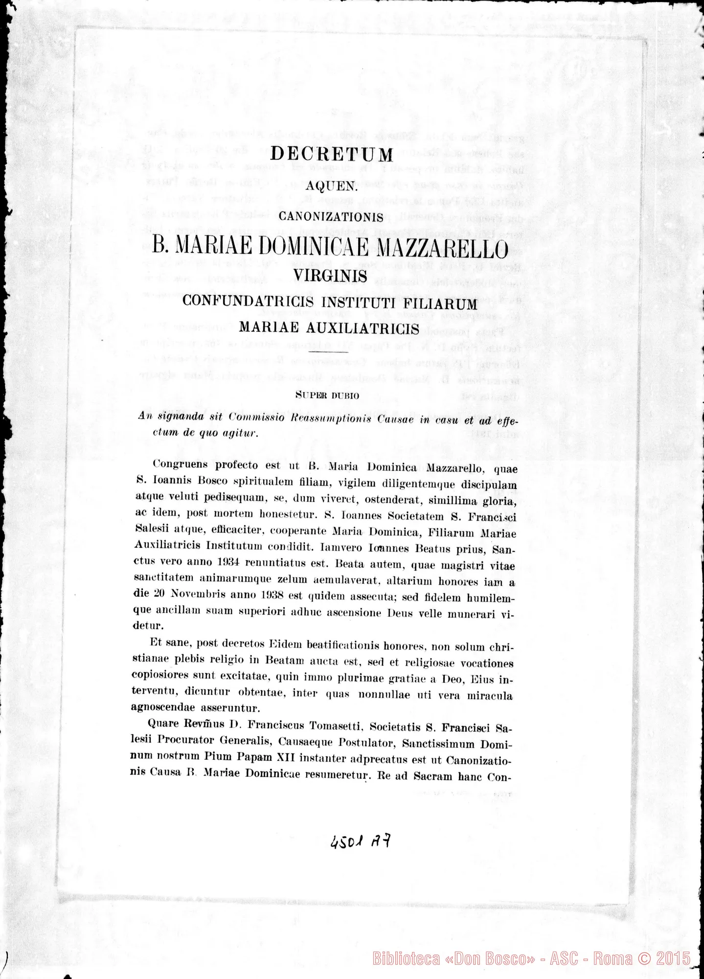 Fotogramma A 7 — Decreto per riassunzione della Causa di Canonizzazione. Roma, 16-07-1941