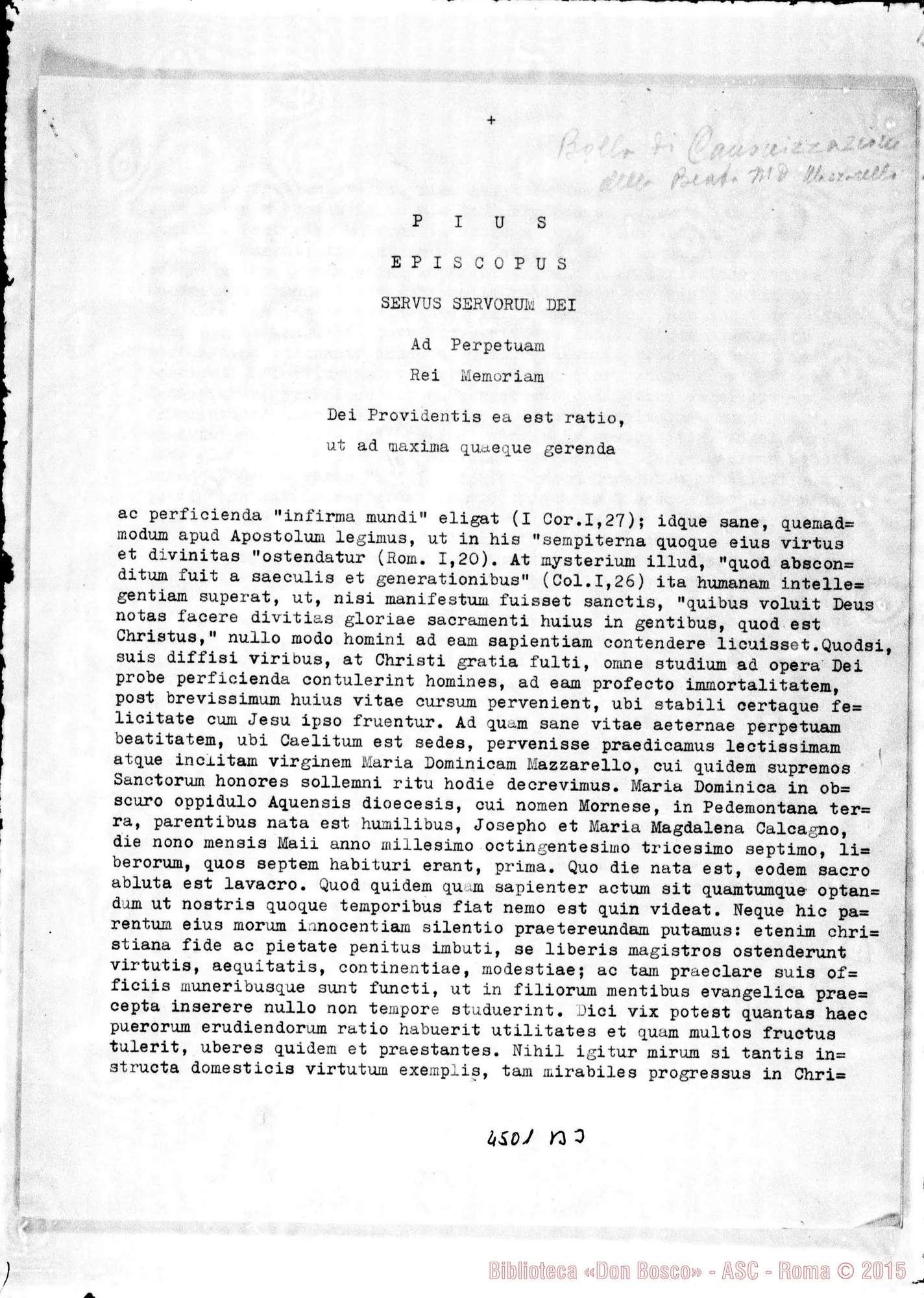 Fotogramma B 3 — Bolla di Canonizzazione di Maria Domenica Mazzarello. Copia dt. in latino e italiano. Roma, 24-06-1951 (Cfr. Atti del Consiglio Superiore Ottobre 1952, num. 170)