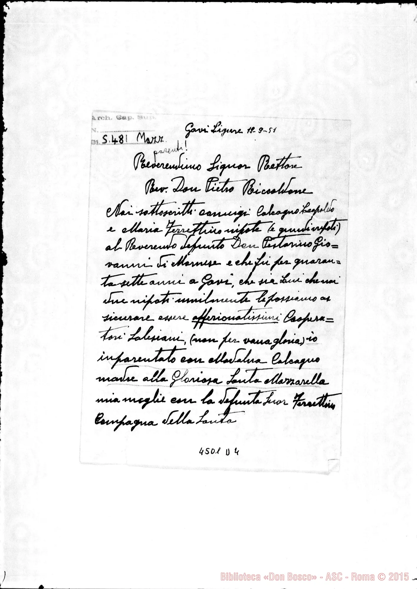 Fotogramma D 4 — Coniugi Calcagno-Rettor Maggiore. Gavi Ligure, 19-09-1951. Parenti di D. Pestarino e Madre Mazzarello Sulla Messa E Ufficio di Maria Domenica Mazzarello