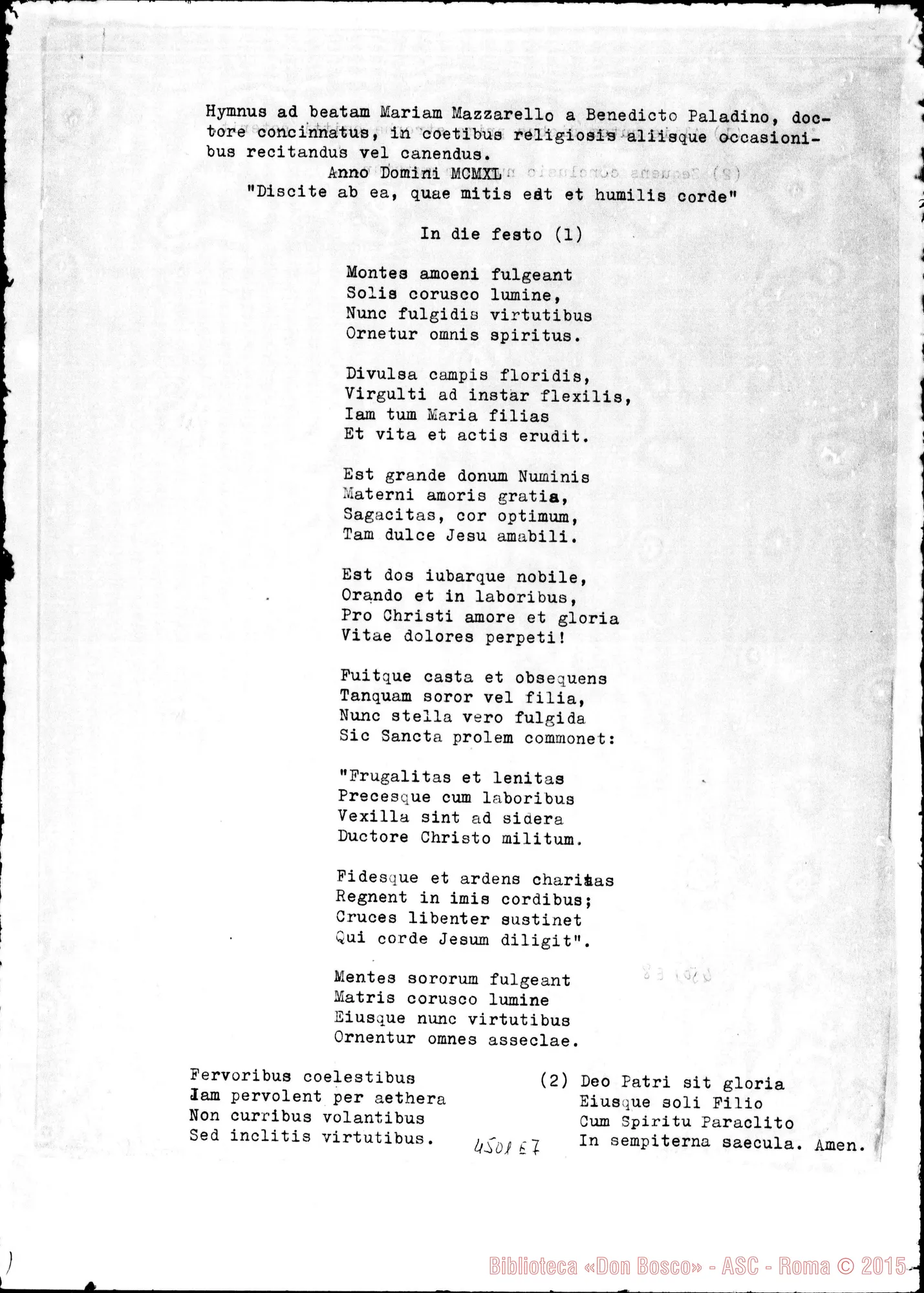 Fotogramma E 7 — Hymnus ad Beatam Mariam Mazzarello. D. Benedicto Paladino. 1940. Orig. ms., copia dt. e stampato