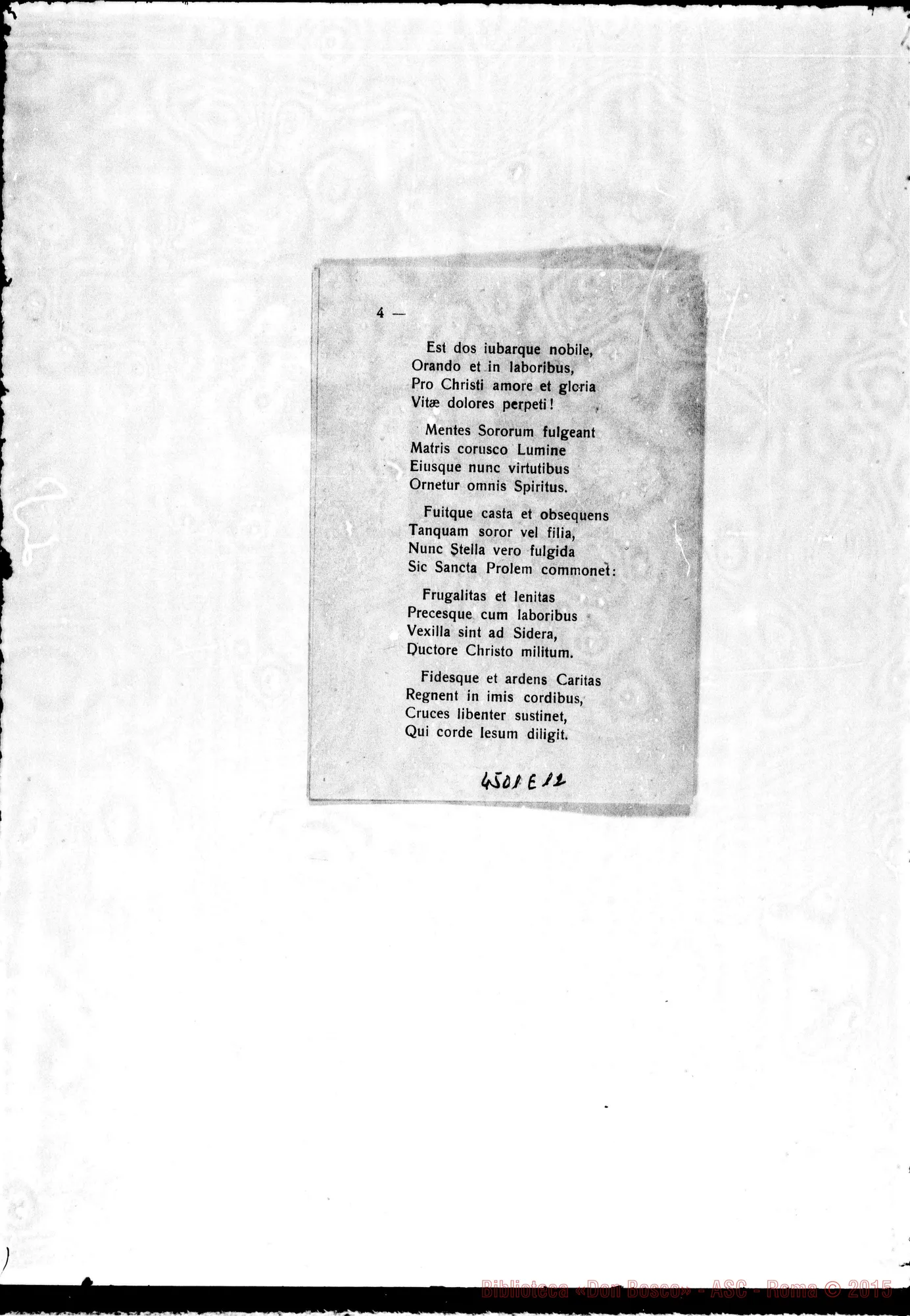 Fotogramma E 12 — Hymnus ad Beatam Mariam Mazzarello. D. Benedicto Paladino. 1940. Orig. ms., copia dt. e stampato