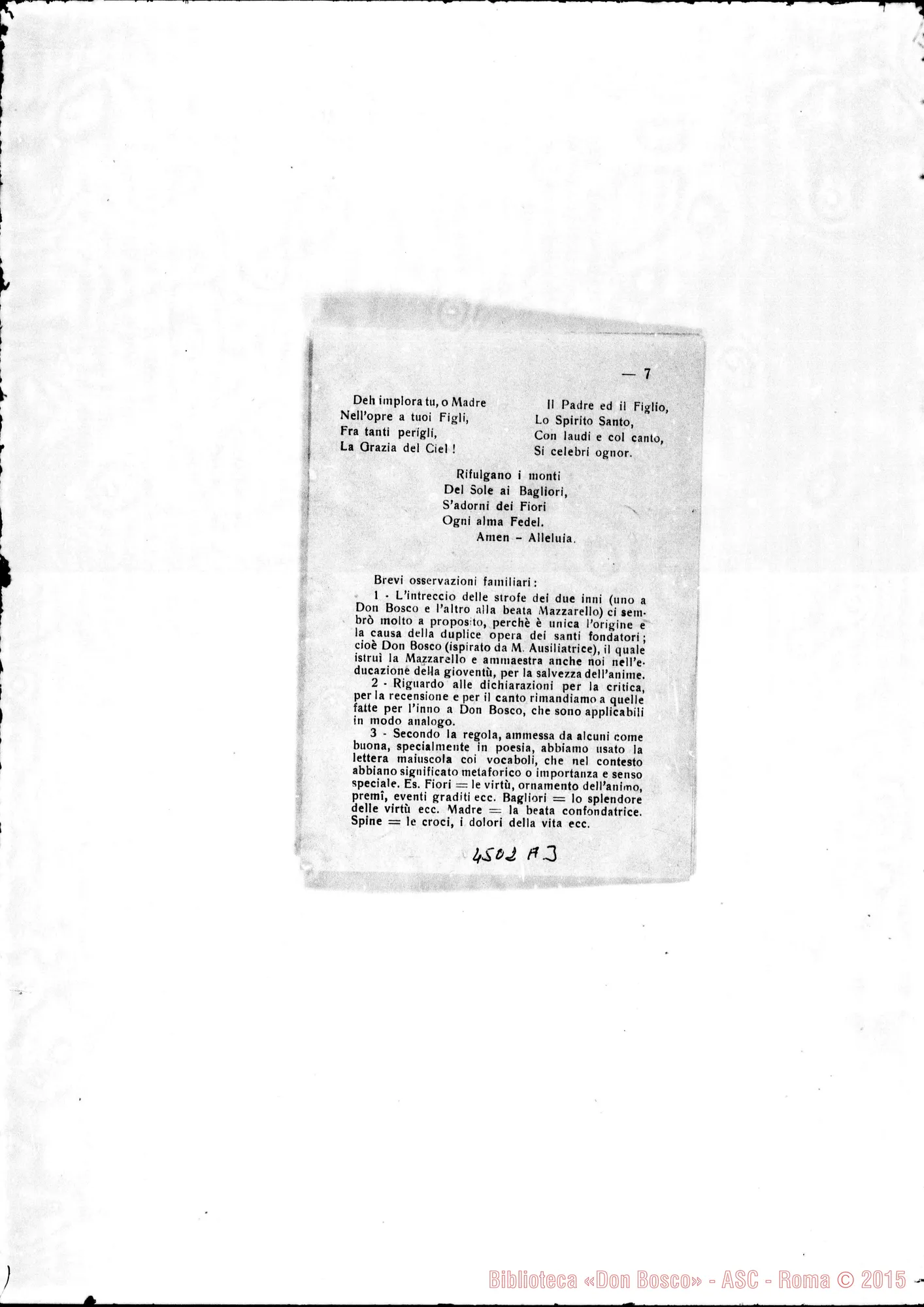 Fotogramma A 3 — Hymnus ad Beatam Mariam Mazzarello. D. Benedicto Paladino. 1940. Orig. ms., copia dt. e stampato