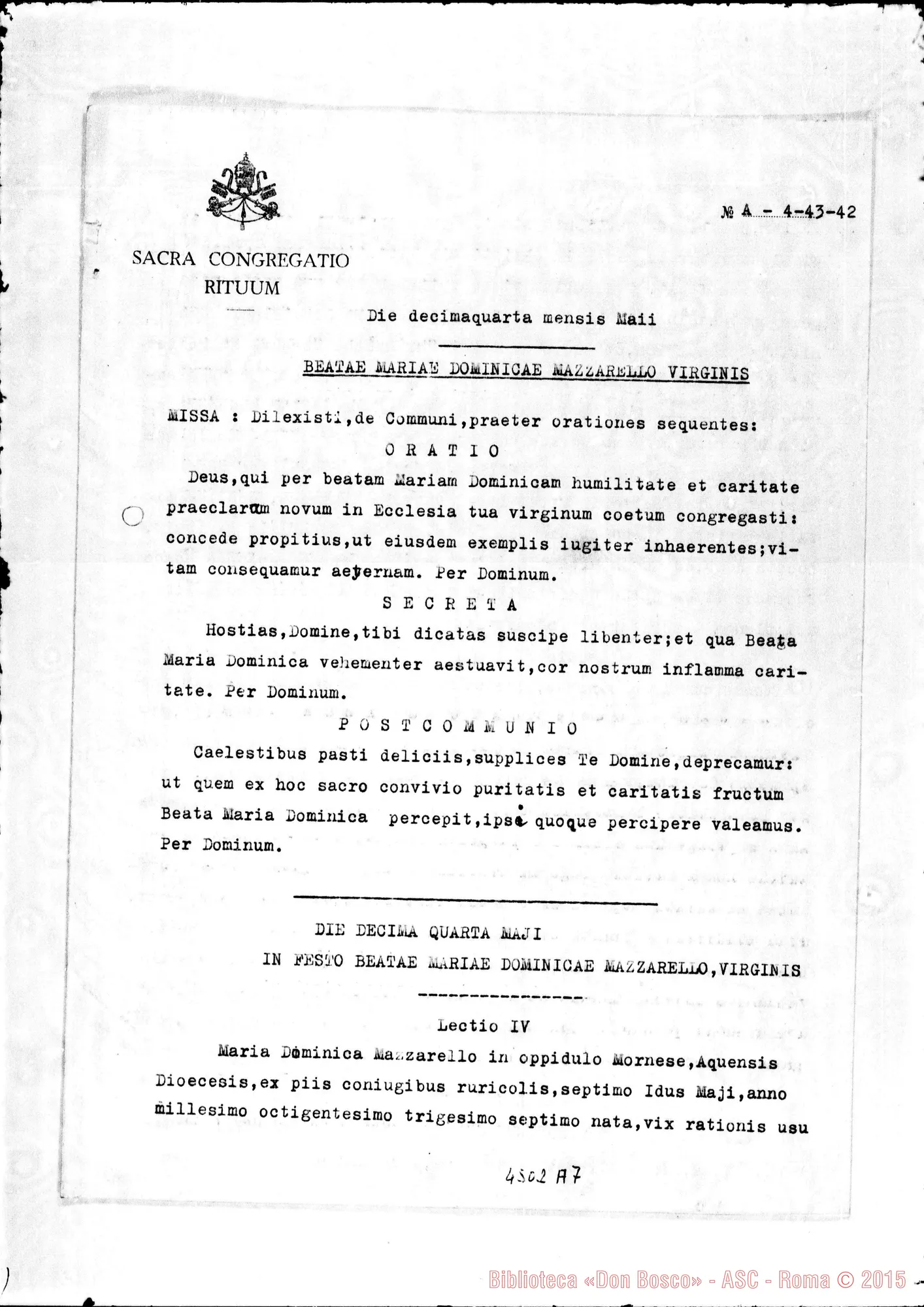 Fotogramma A 7 — Per Messa E Ufficio ad honorem M. Mazzarello. Roma, 9-01-1952