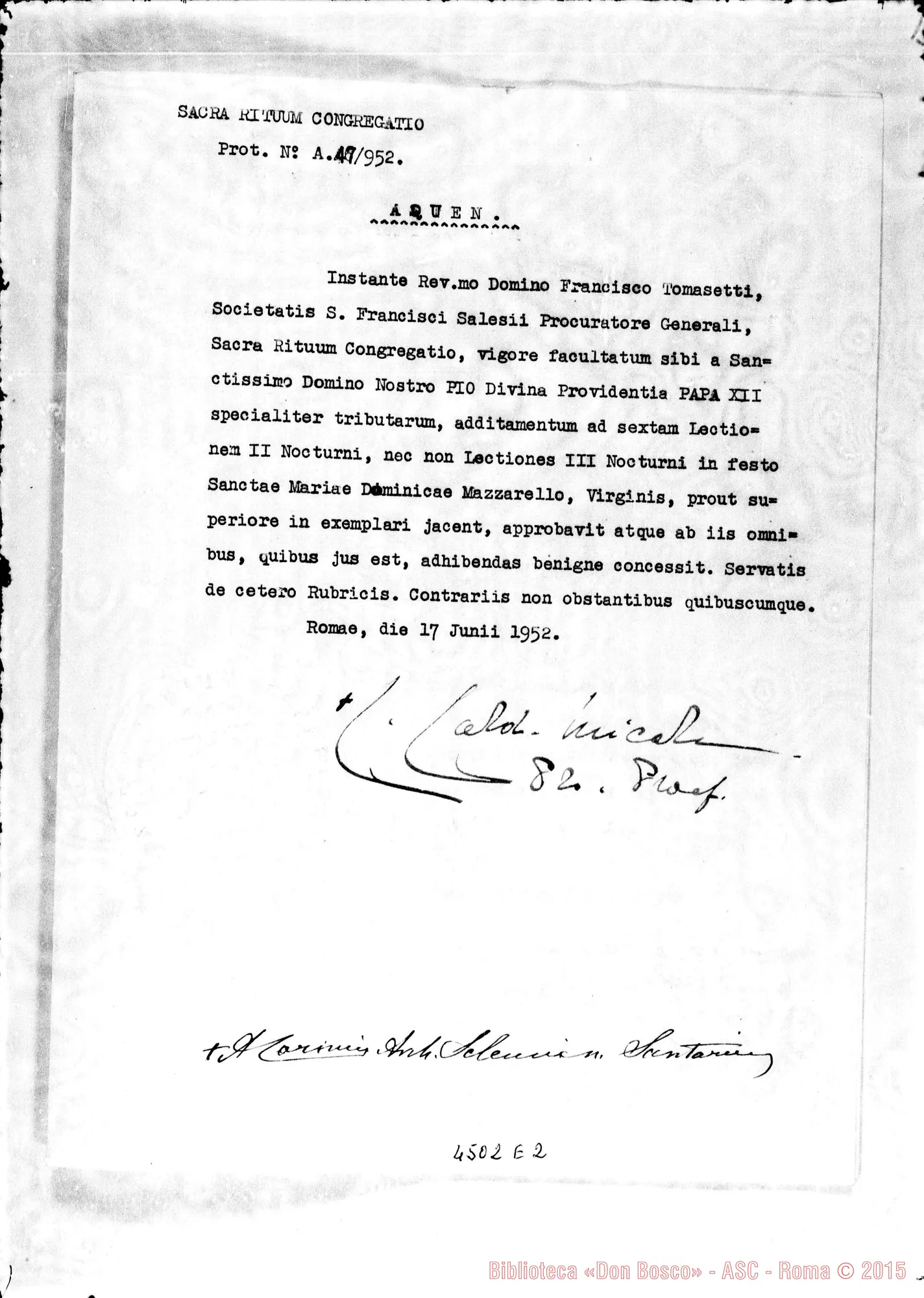 Fotogramma E 2 — Mons. Carinci: suH’Ufficio. Roma, 17-06-1952