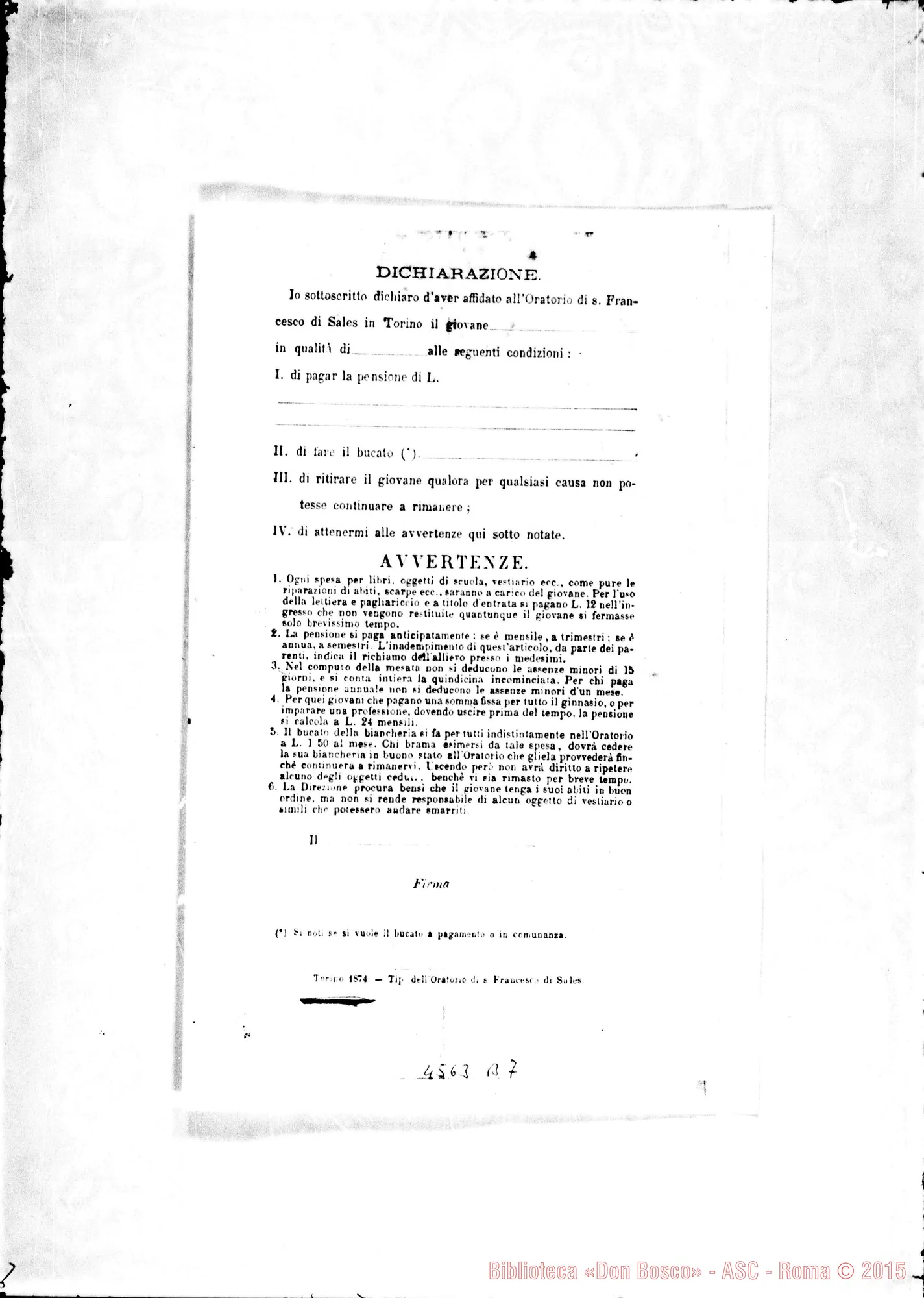 Fotogramma B 7 — Modulo per l’accettazione, stampato, con correz. di D. Rua E nota autogr. di D. Bosco. Fotocopia