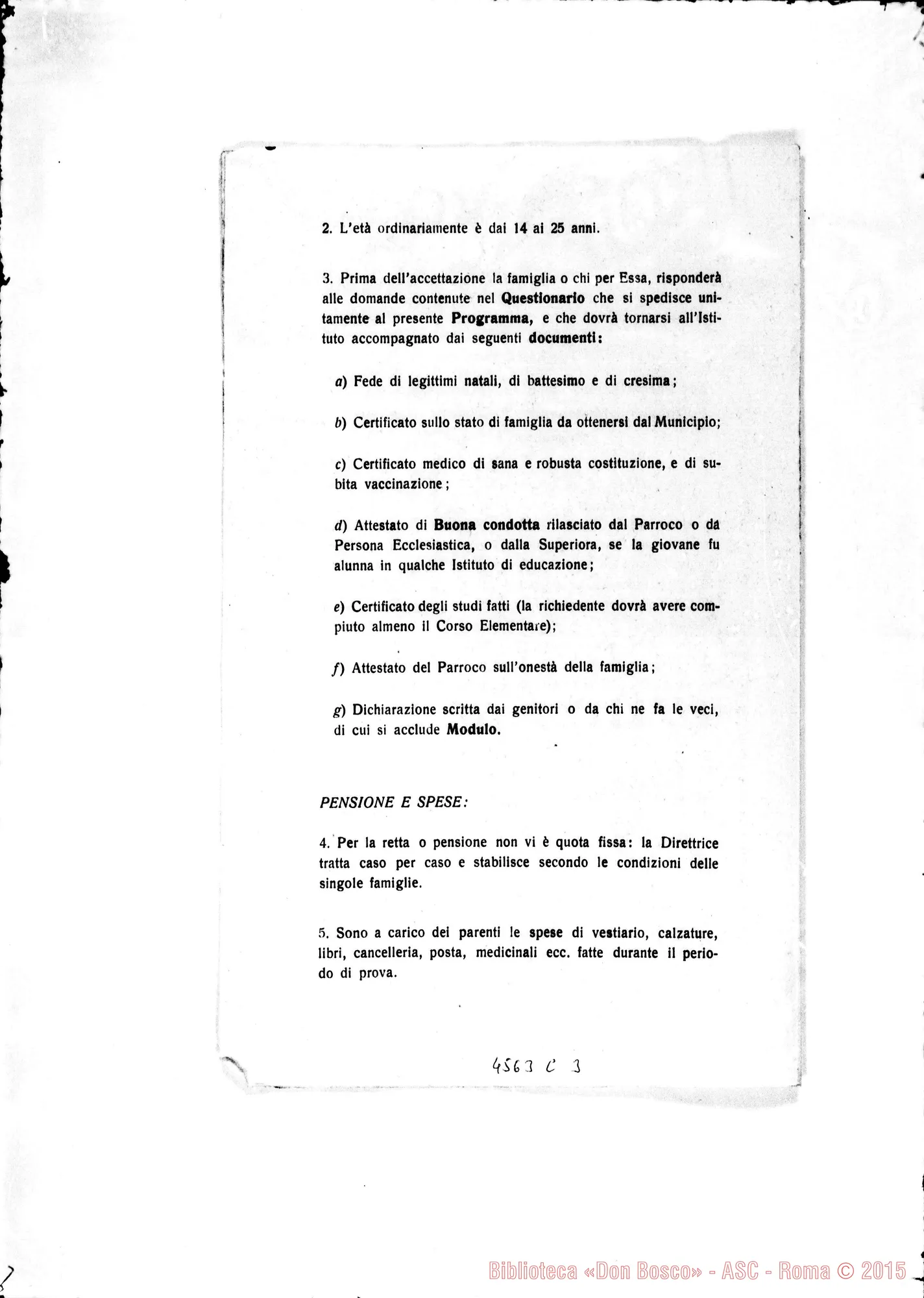 Fotogramma C 3 — Programma, consenso E questionario per l’accettazione tra le Aspiranti nell’Ist. «Madre Caterina Daghero». Stampato