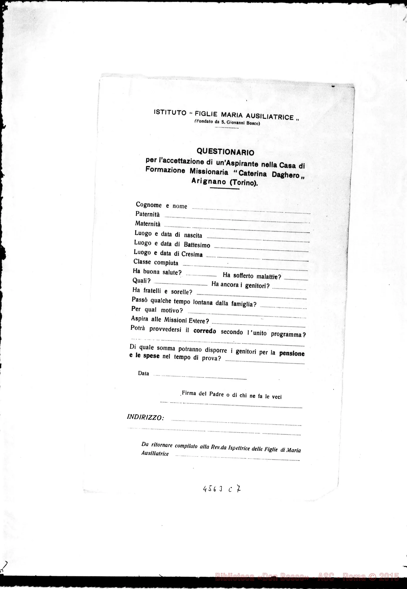 Fotogramma C 7 — Programma, consenso E questionario per l’accettazione tra le Aspiranti nell’Ist. «Madre Caterina Daghero». Stampato