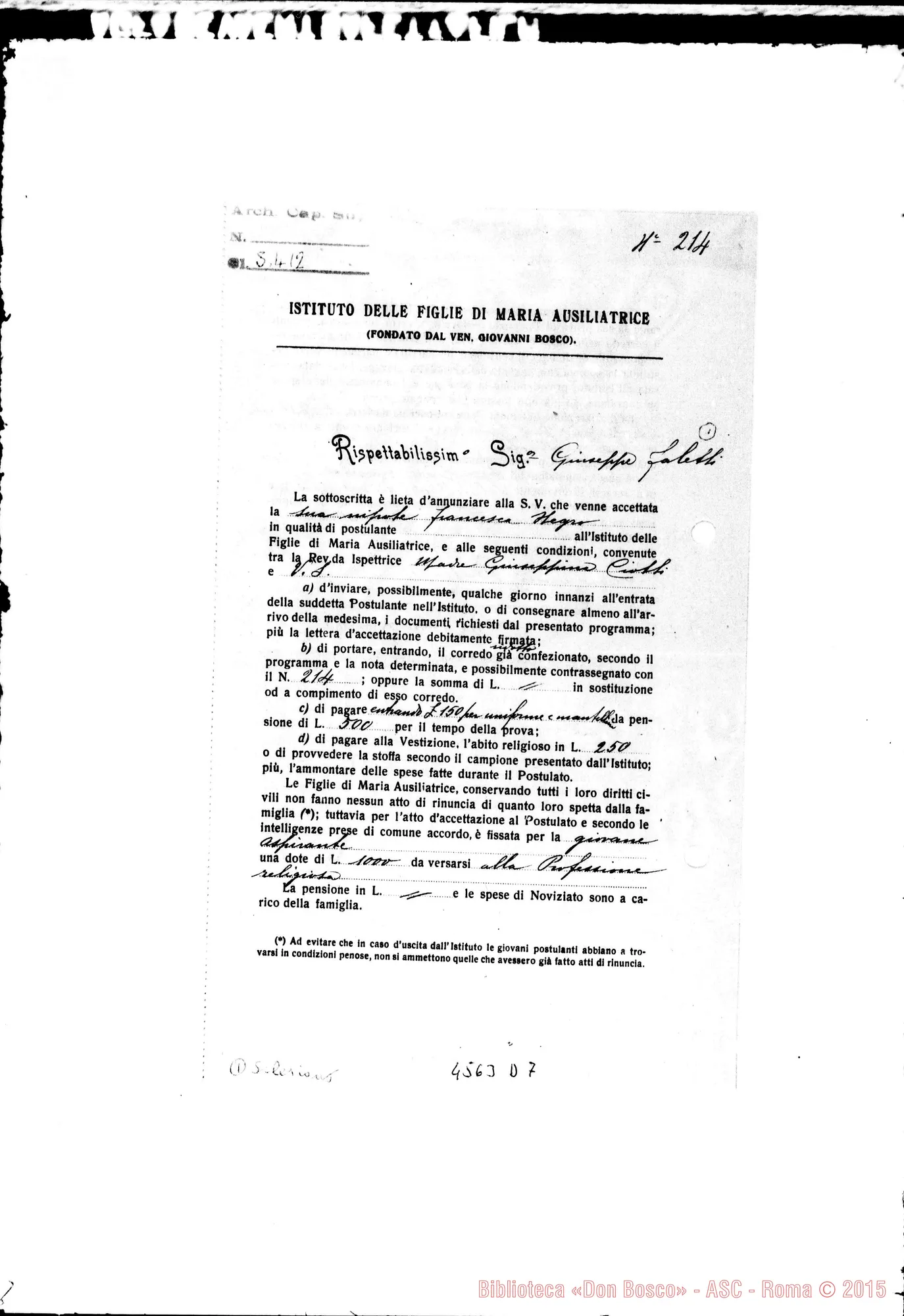 Fotogramma D 7 — Condizioni E modulo d’accettazione. Stampato con esempio. Anno 1931